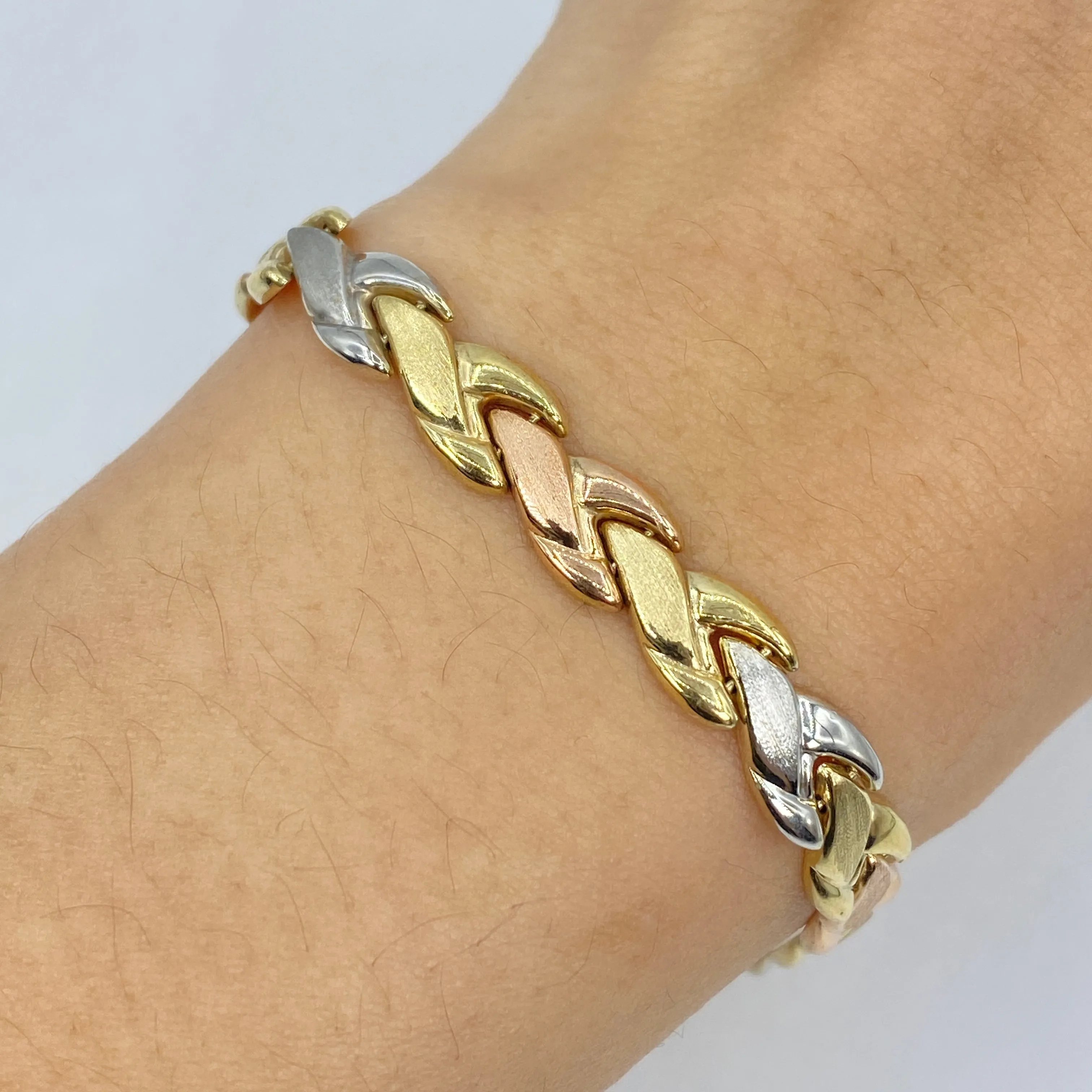 10K 6.5MM Tri-Tone Braid Bracelet 7"