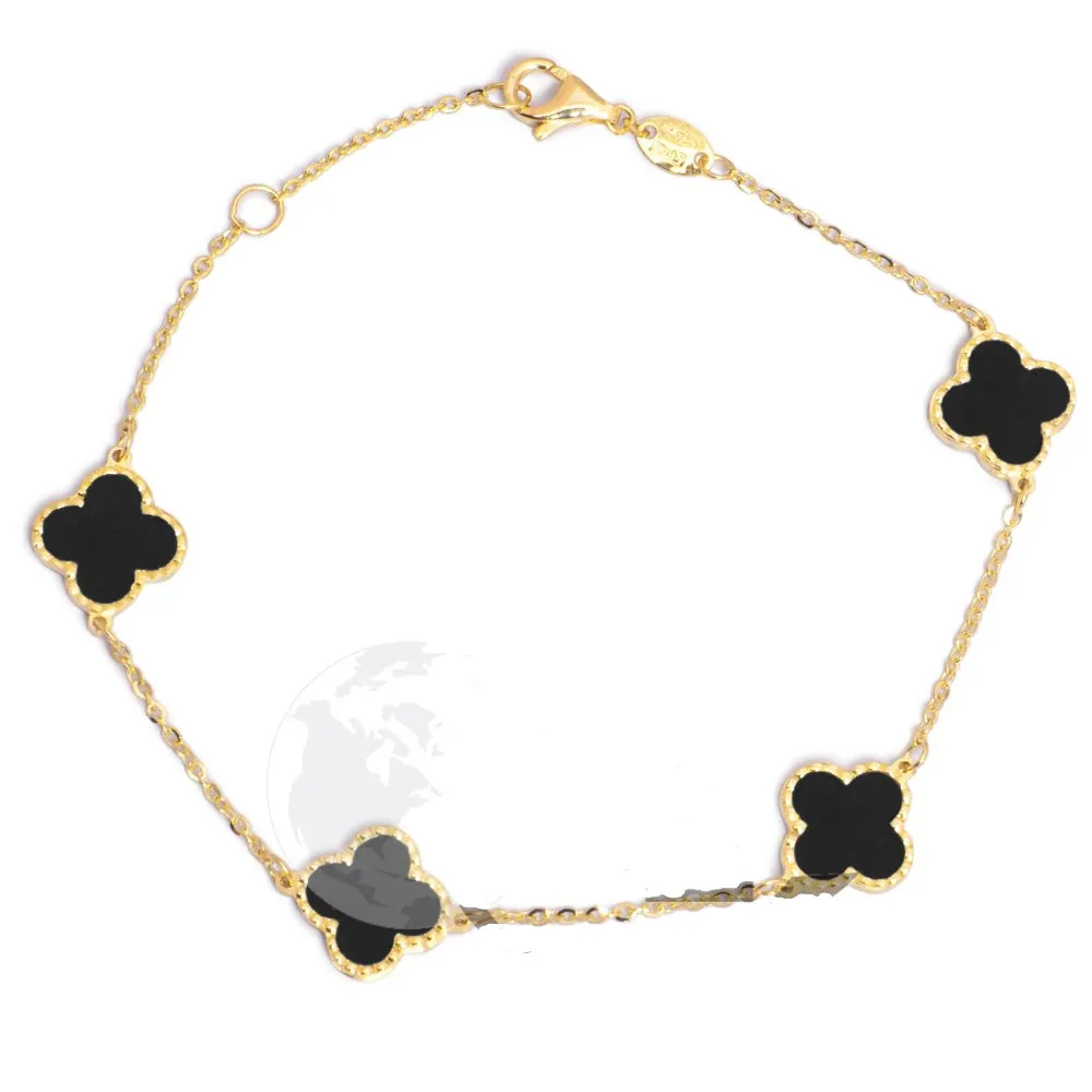 10K Yellow Gold (10mm) Designer Style Clover Beaded Edge Black Onyx Bracelet