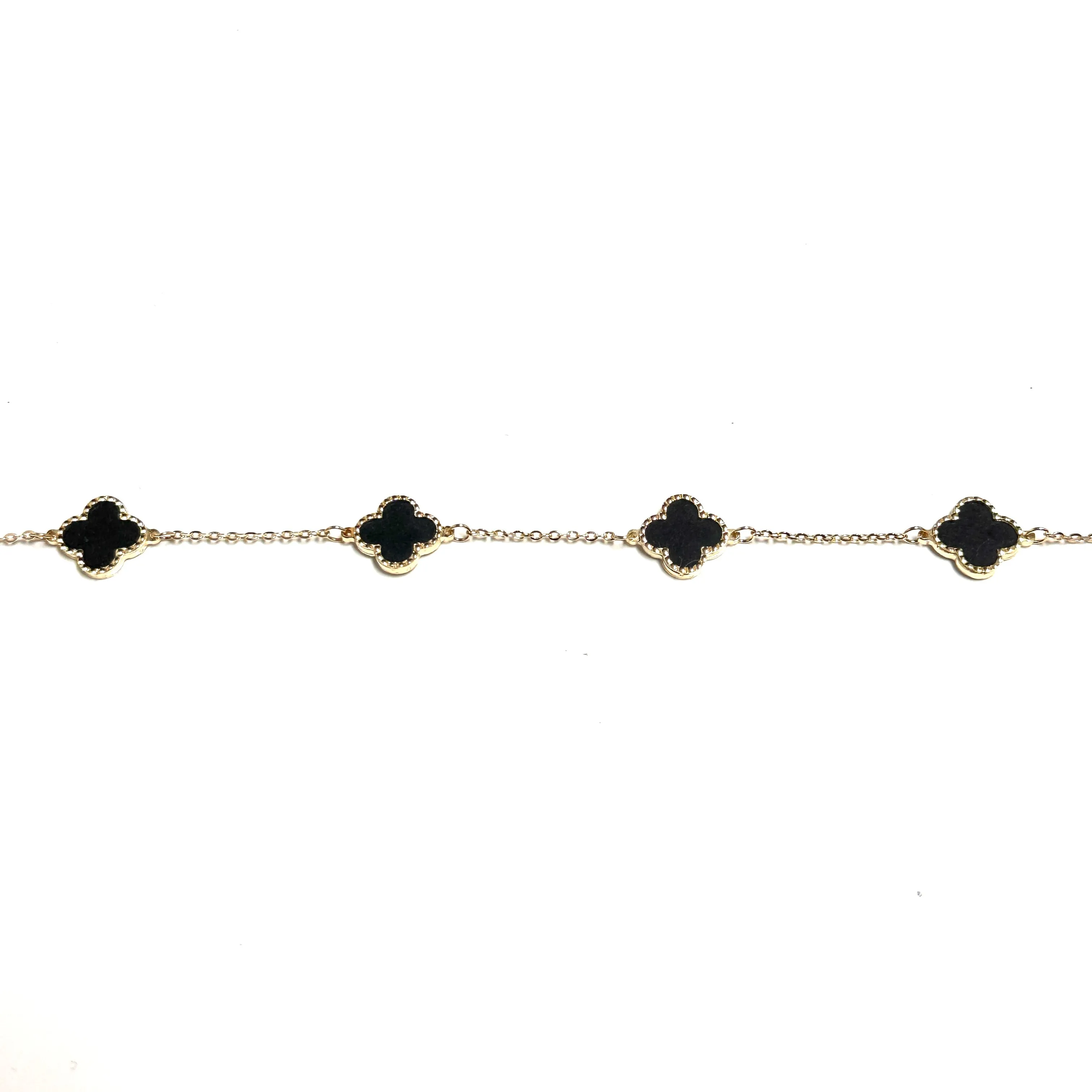10K Yellow Gold (10mm) Designer Style Clover Beaded Edge Black Onyx Bracelet