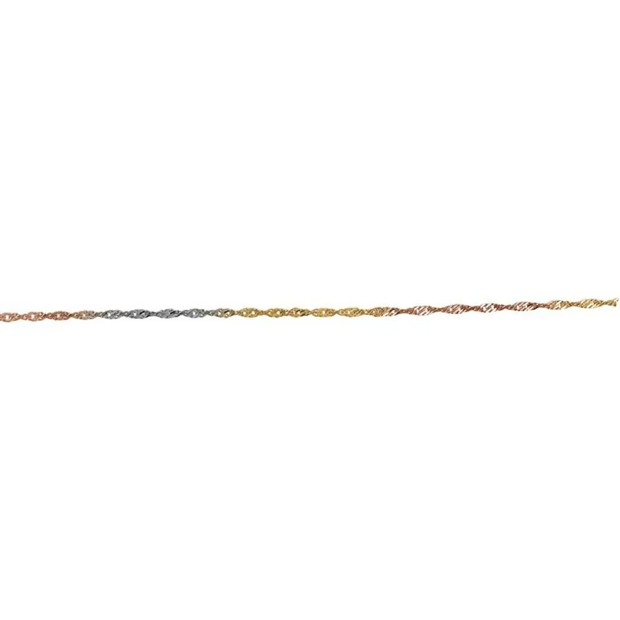 10K Yellow, White and Rose Gold (1.7mm) Singapore Bracelet 7.5"