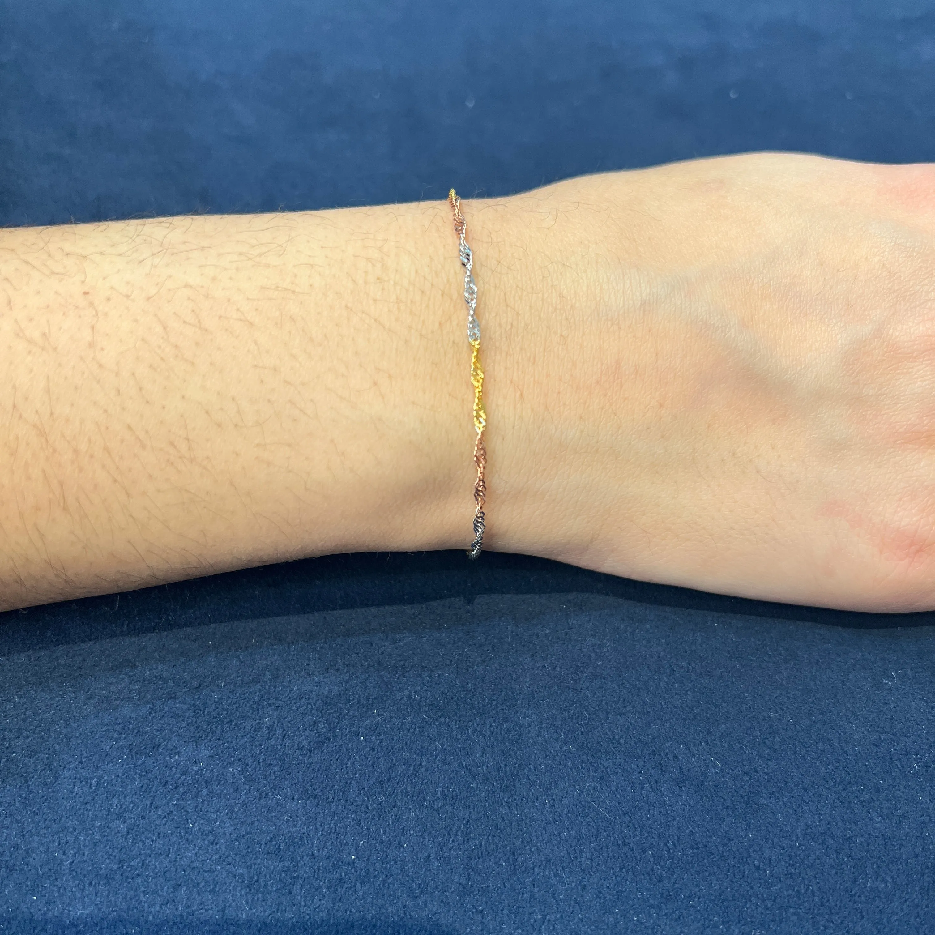 10K Yellow, White and Rose Gold (1.7mm) Singapore Bracelet 7.5"