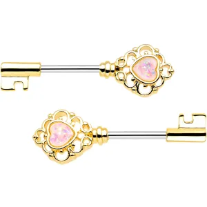 1/2 White Faux Opal Gold Tone Heart Key Barbell Nipple Ring Set