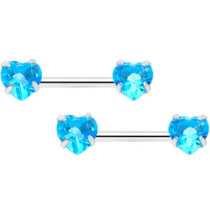 14 Gauge 1/2 Aqua CZ Gem Heart Threadless Barbell Nipple Ring Set