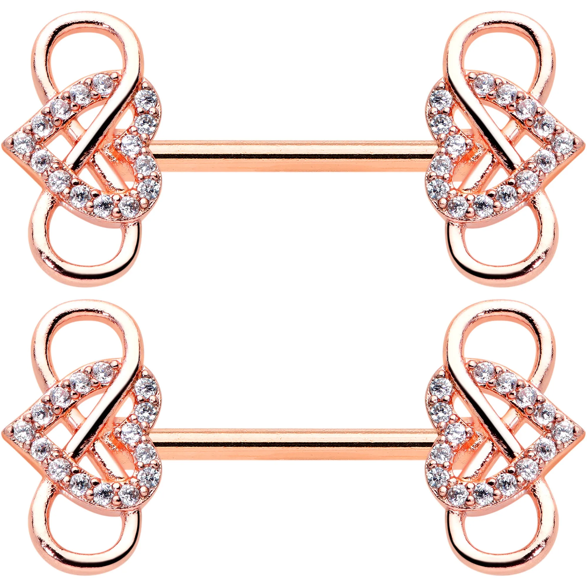 14 Gauge 1/2 Clear CZ Gem Rose Gold Hue Infinity Heart Nipple Ring Set