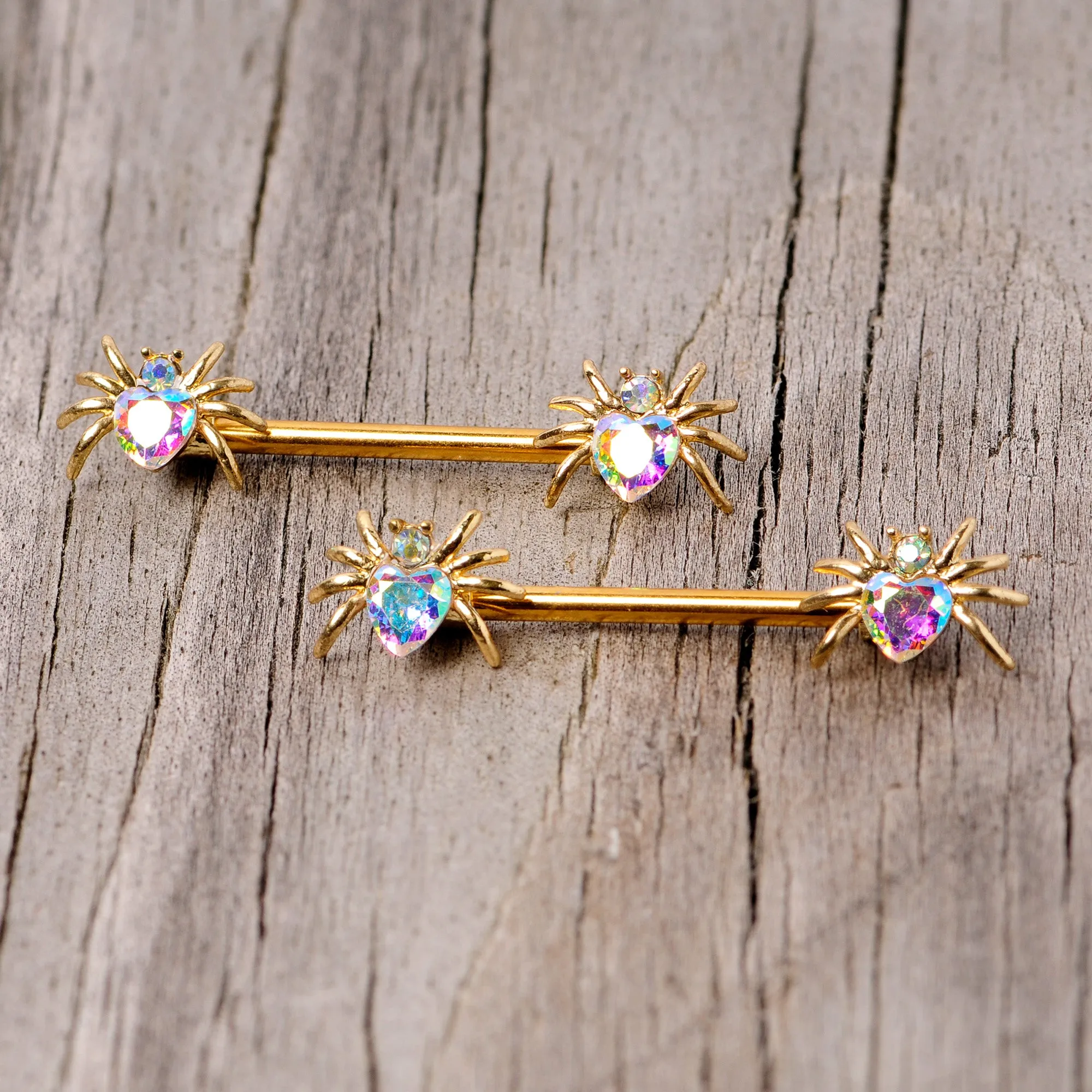 14 Gauge 9/16 Aurora Gem Gold Tone Heart Spider Barbell Nipple Ring Set