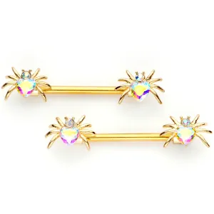 14 Gauge 9/16 Aurora Gem Gold Tone Heart Spider Barbell Nipple Ring Set
