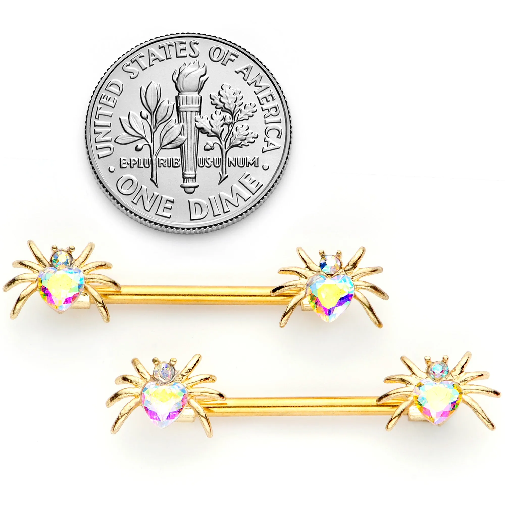 14 Gauge 9/16 Aurora Gem Gold Tone Heart Spider Barbell Nipple Ring Set