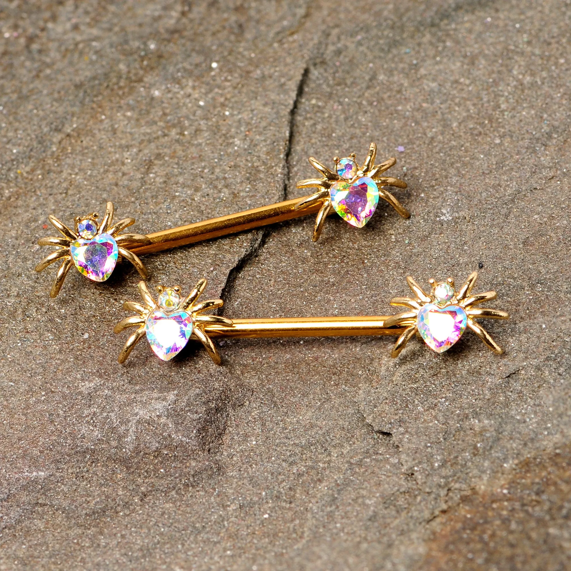 14 Gauge 9/16 Aurora Gem Gold Tone Heart Spider Barbell Nipple Ring Set