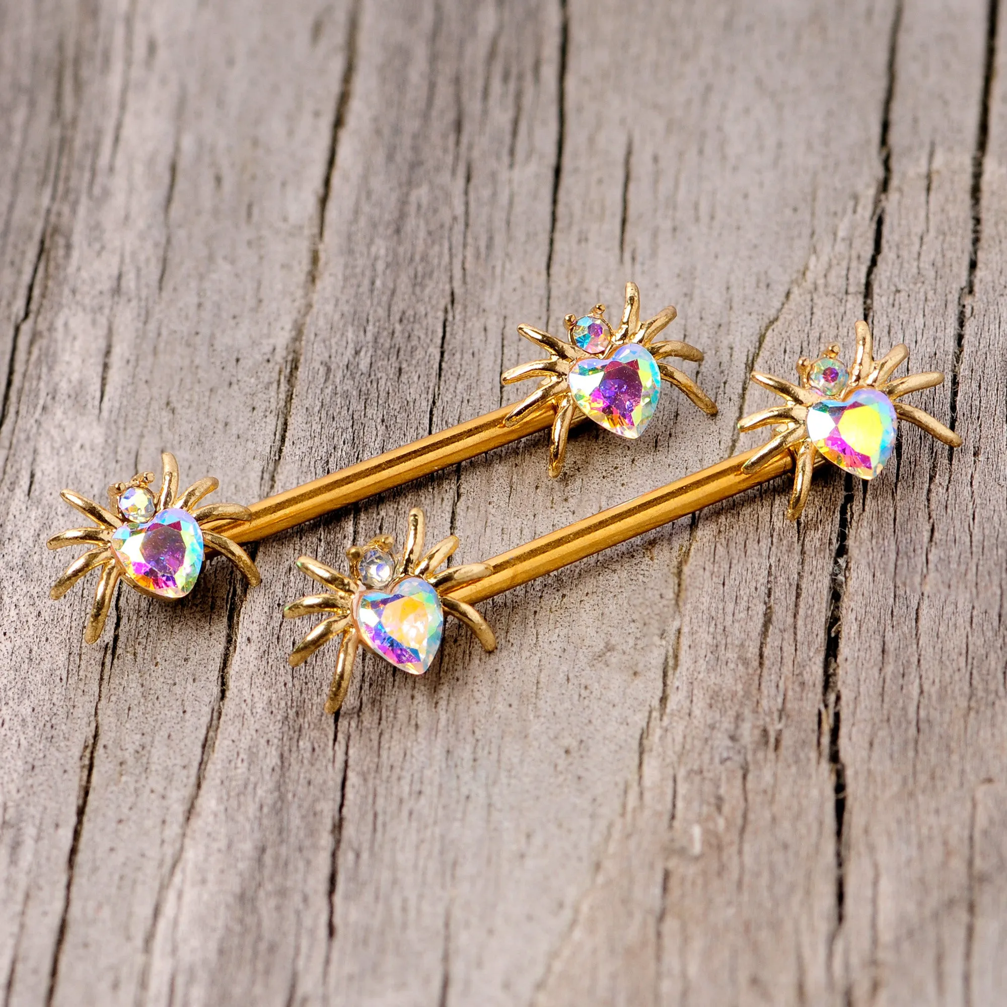 14 Gauge 9/16 Aurora Gem Gold Tone Heart Spider Barbell Nipple Ring Set