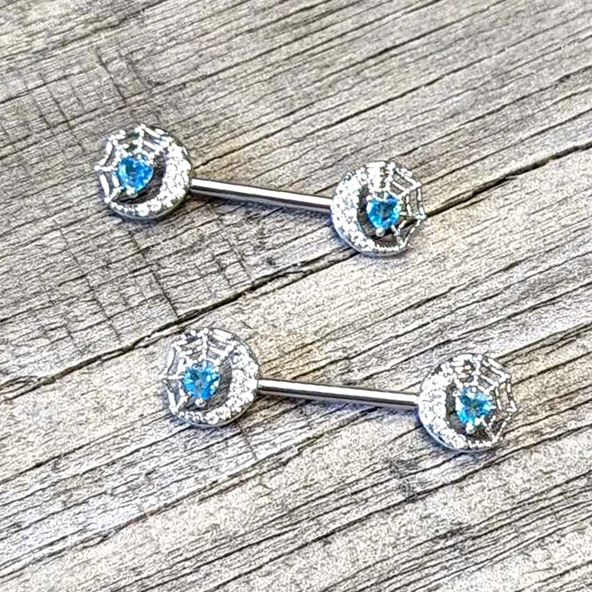 14 Gauge 9/16 Blue CZ Gem Heart Web Moon Barbell Nipple Ring Set