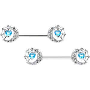 14 Gauge 9/16 Blue CZ Gem Heart Web Moon Barbell Nipple Ring Set