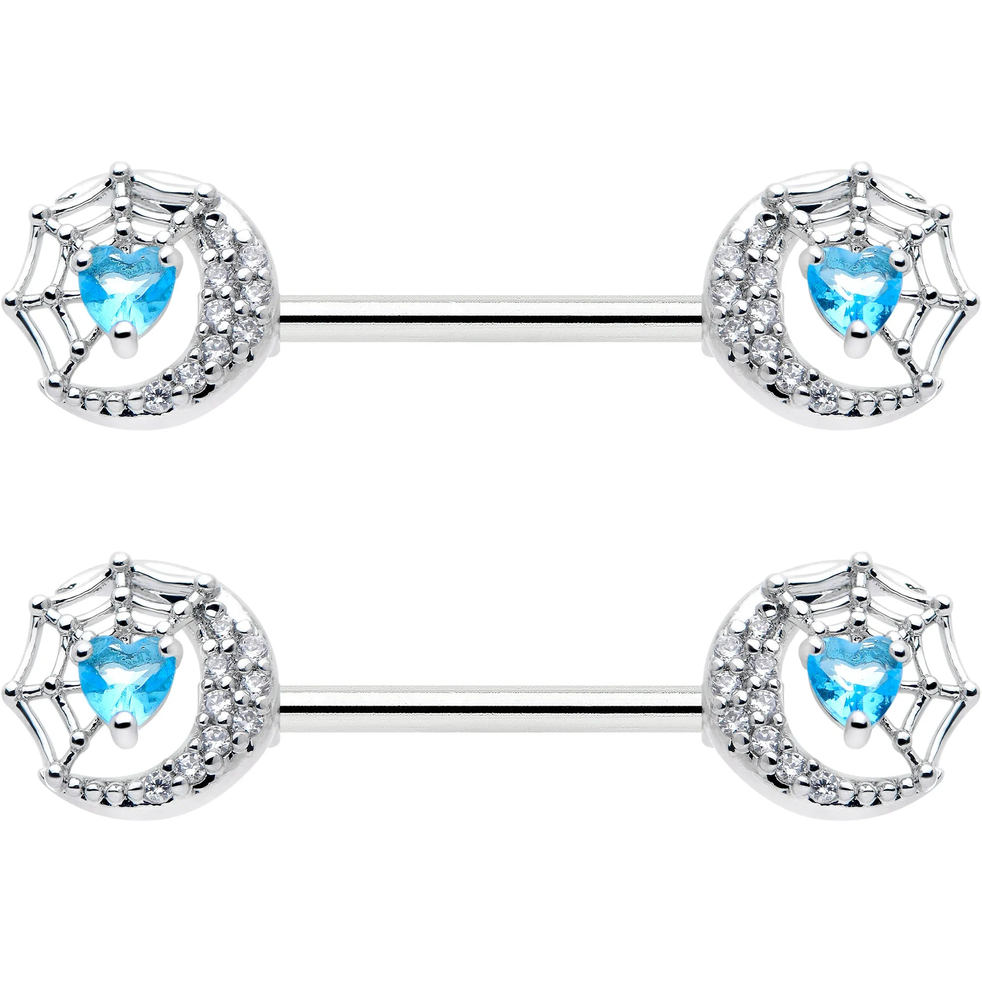 14 Gauge 9/16 Blue CZ Gem Heart Web Moon Barbell Nipple Ring Set