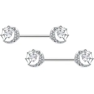 14 Gauge 9/16 Clear CZ Gem Heart Web Moon Barbell Nipple Ring Set