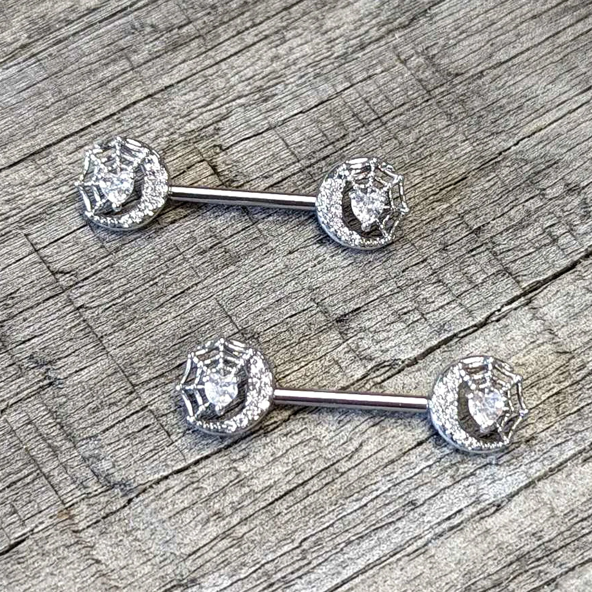 14 Gauge 9/16 Clear CZ Gem Heart Web Moon Barbell Nipple Ring Set