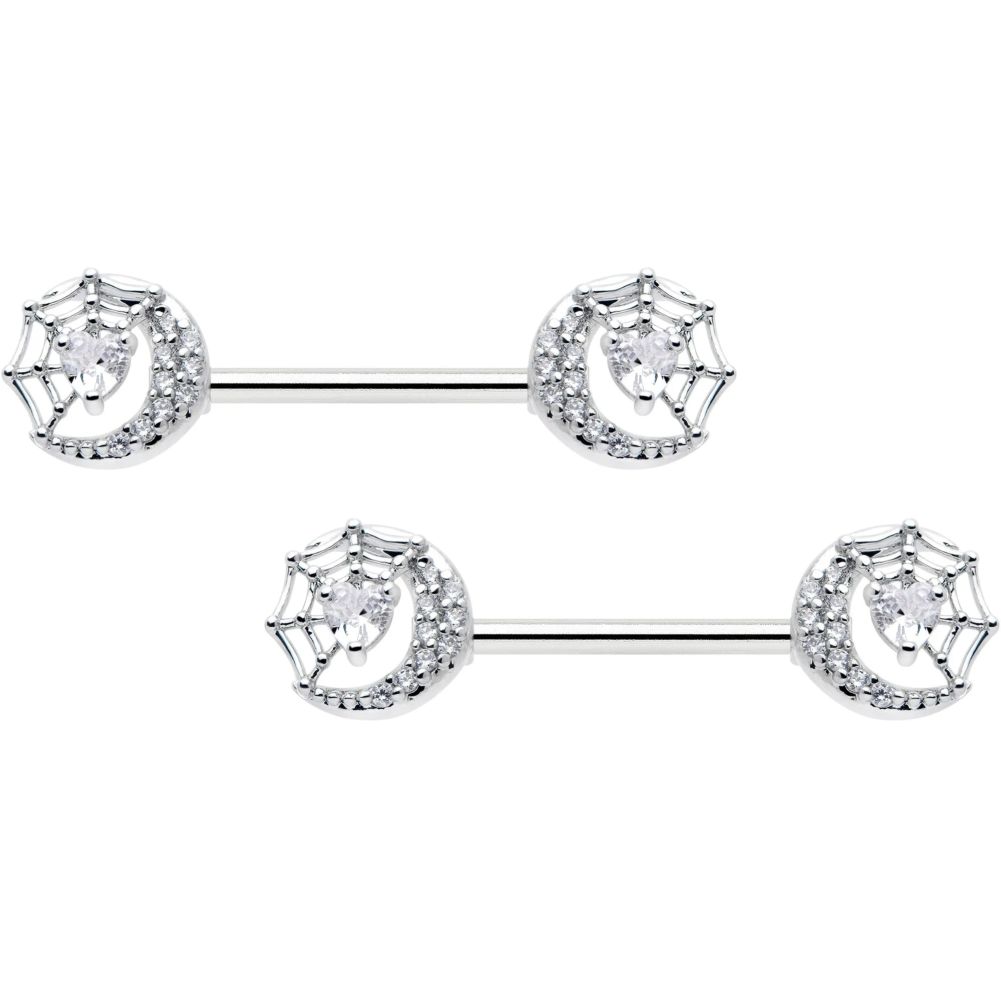 14 Gauge 9/16 Clear CZ Gem Heart Web Moon Barbell Nipple Ring Set