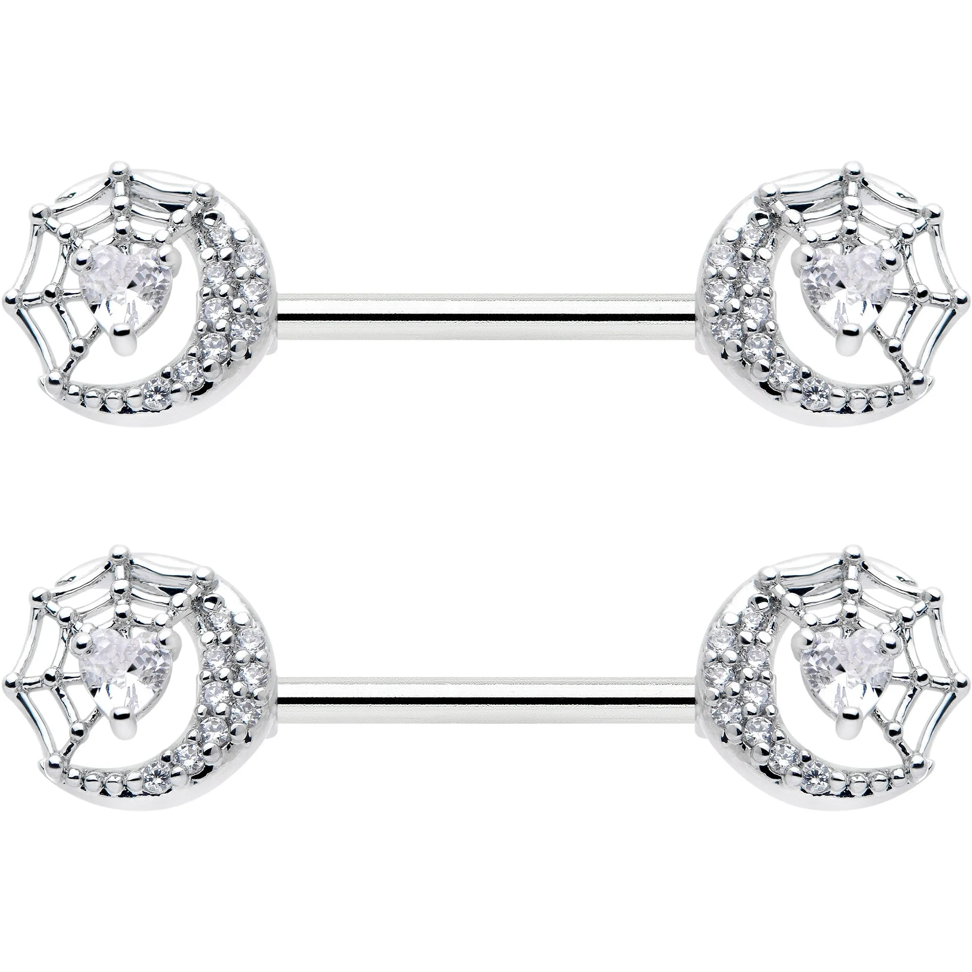 14 Gauge 9/16 Clear CZ Gem Heart Web Moon Barbell Nipple Ring Set