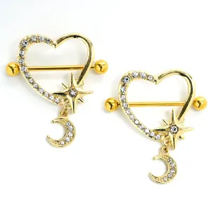 14 Gauge 9/16 Clear Gem Gold Tone Heart Moon Dangle Nipple Shield Set