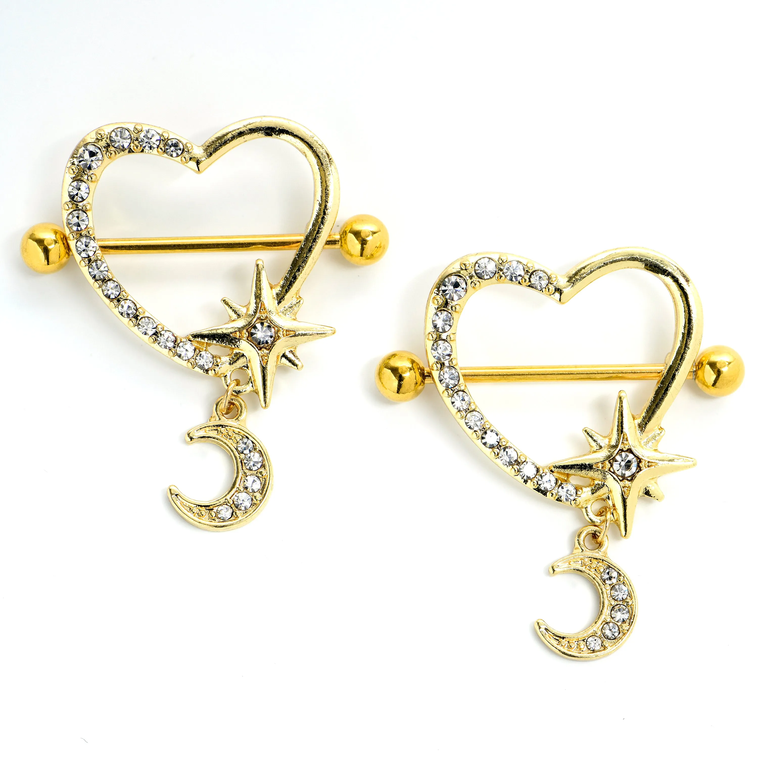 14 Gauge 9/16 Clear Gem Gold Tone Heart Moon Dangle Nipple Shield Set