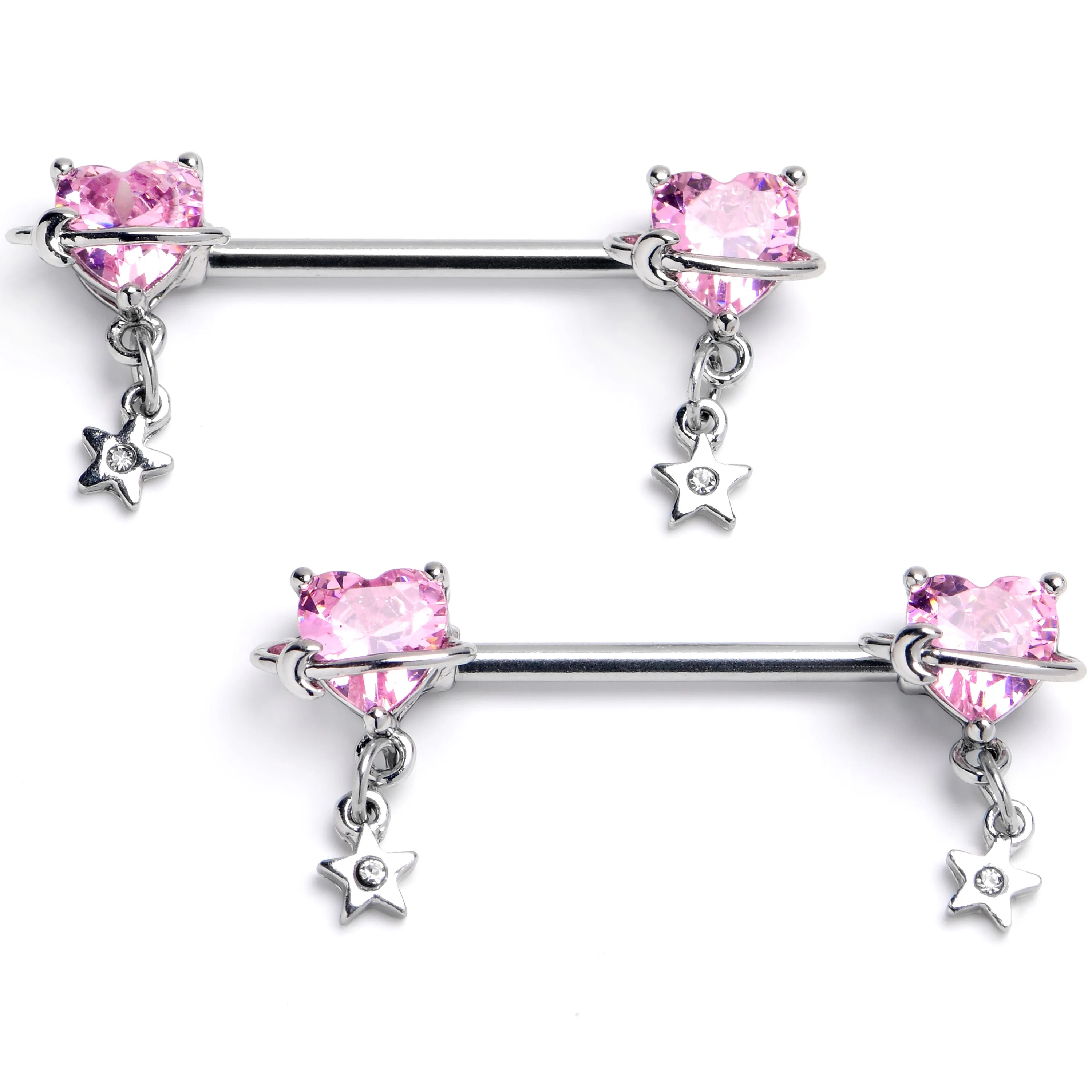 14 Gauge 9/16 Pink CZ Heart Starry Saturn Dangle Nipple Ring Set