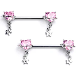 14 Gauge 9/16 Pink CZ Heart Starry Saturn Dangle Nipple Ring Set
