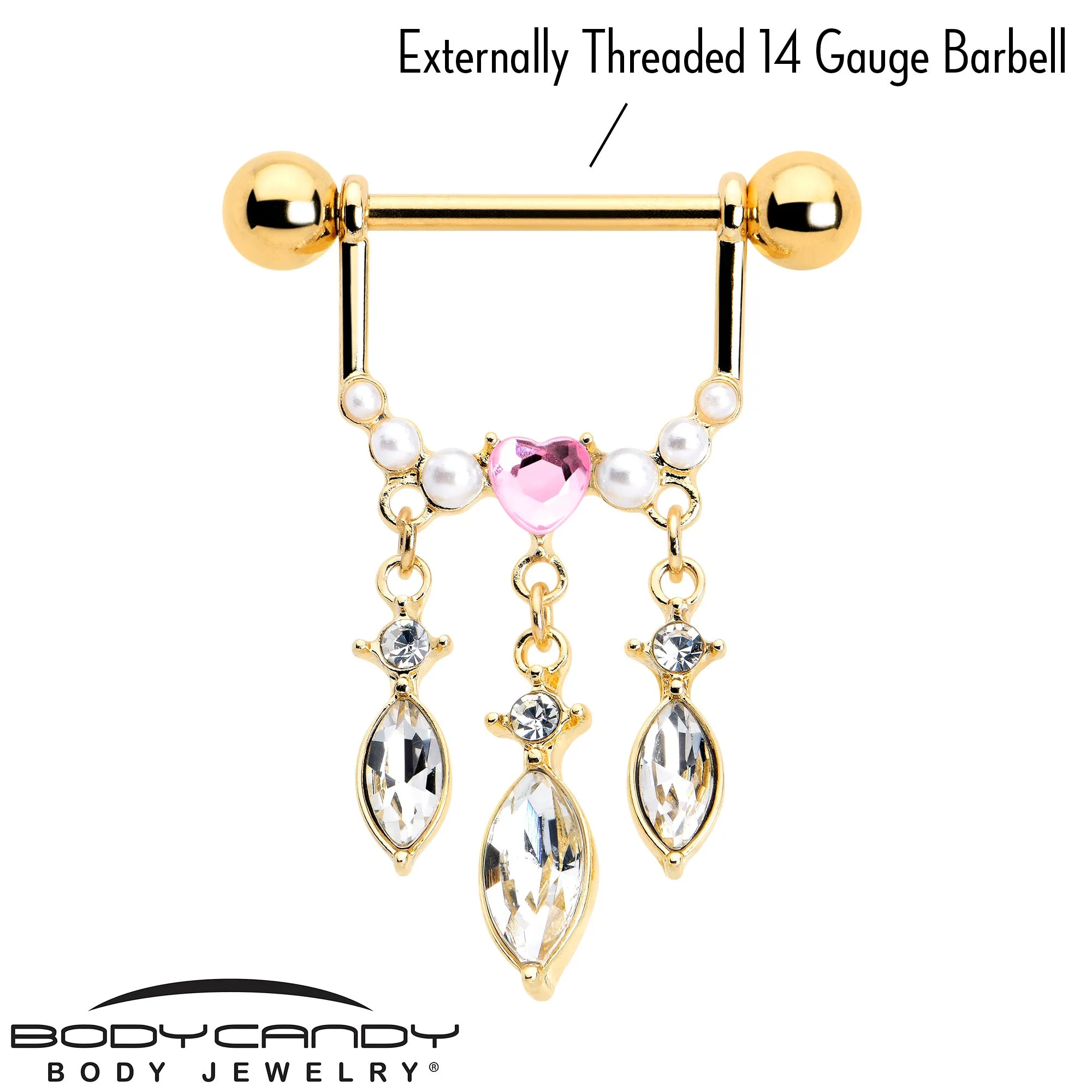 14 Gauge 9/16 Pink Gem Gold Tone Heart Triple Dangle Nipple Ring Set