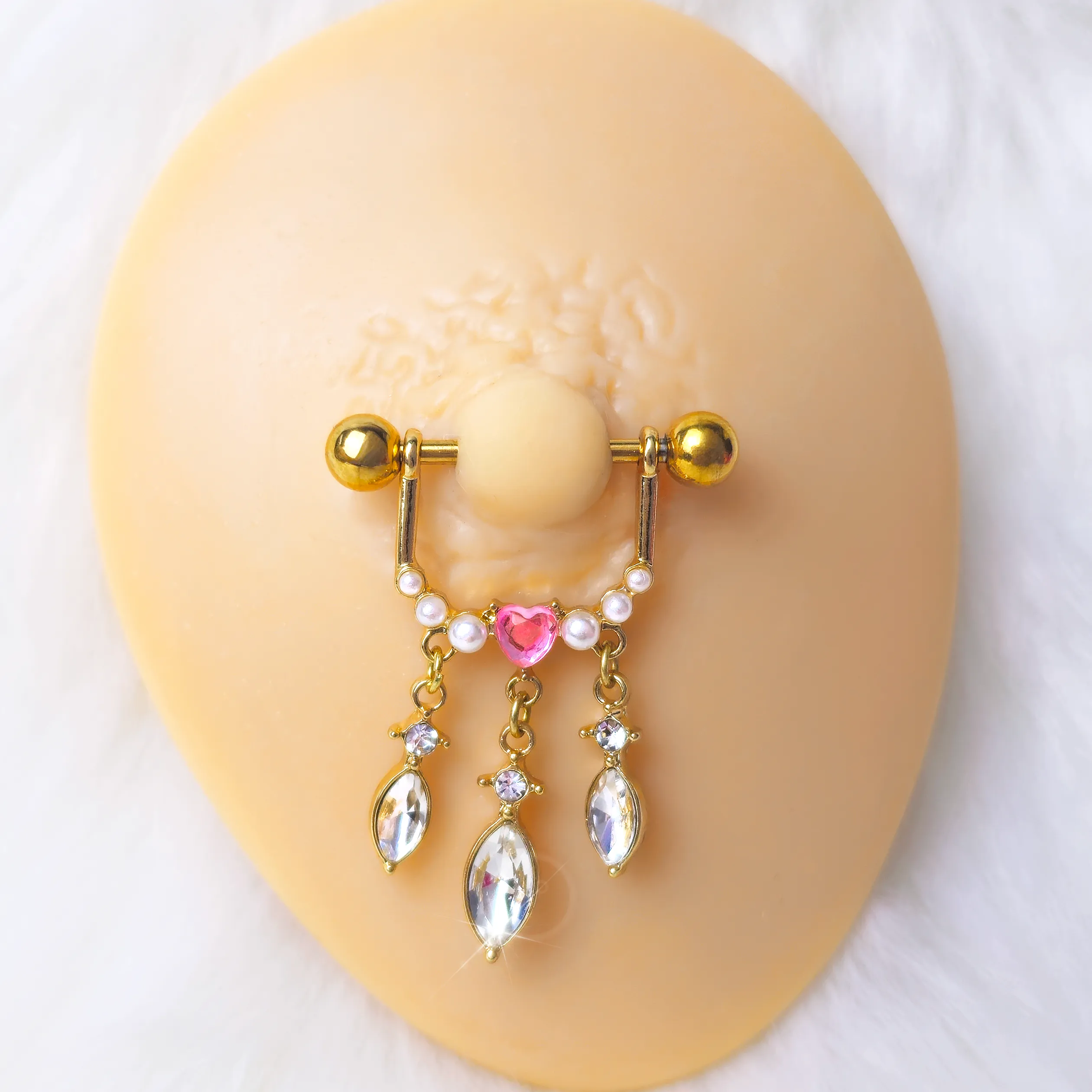 14 Gauge 9/16 Pink Gem Gold Tone Heart Triple Dangle Nipple Ring Set