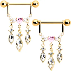 14 Gauge 9/16 Pink Gem Gold Tone Heart Triple Dangle Nipple Ring Set