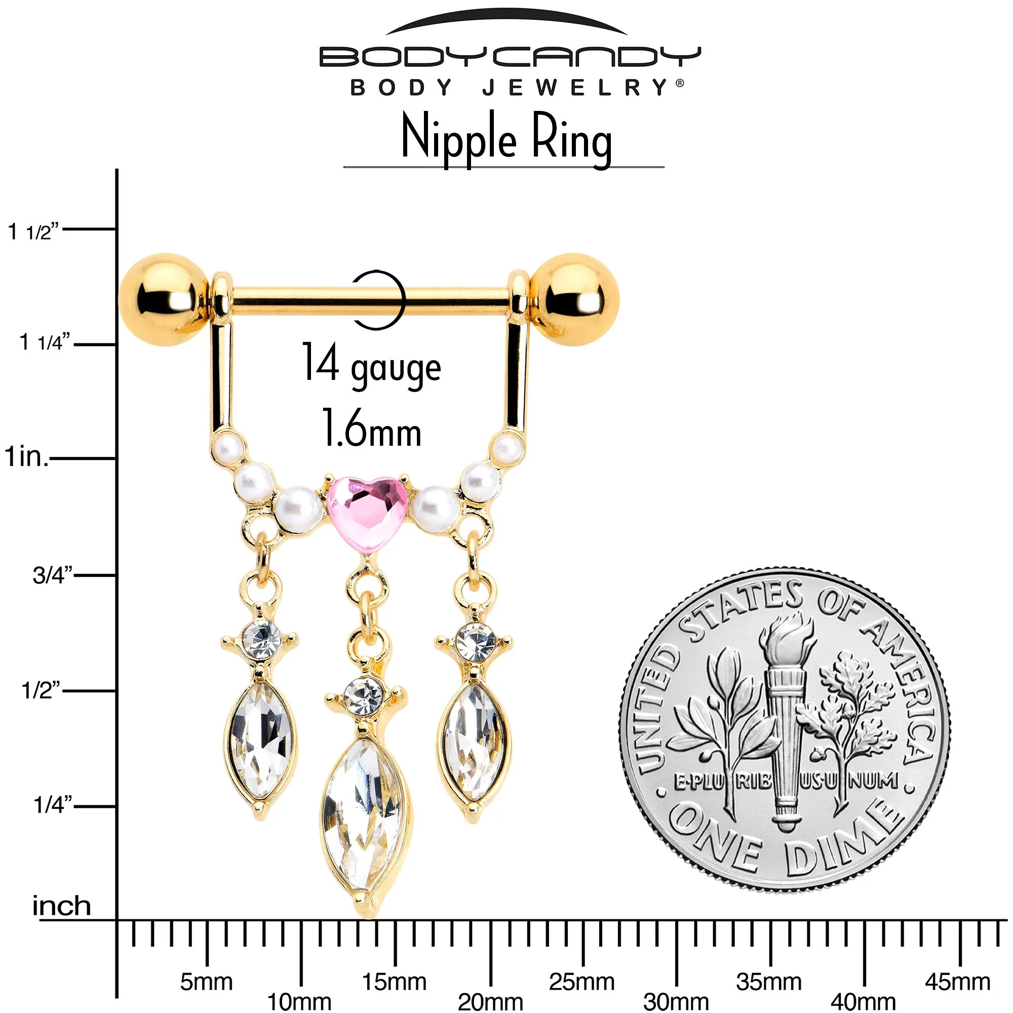 14 Gauge 9/16 Pink Gem Gold Tone Heart Triple Dangle Nipple Ring Set