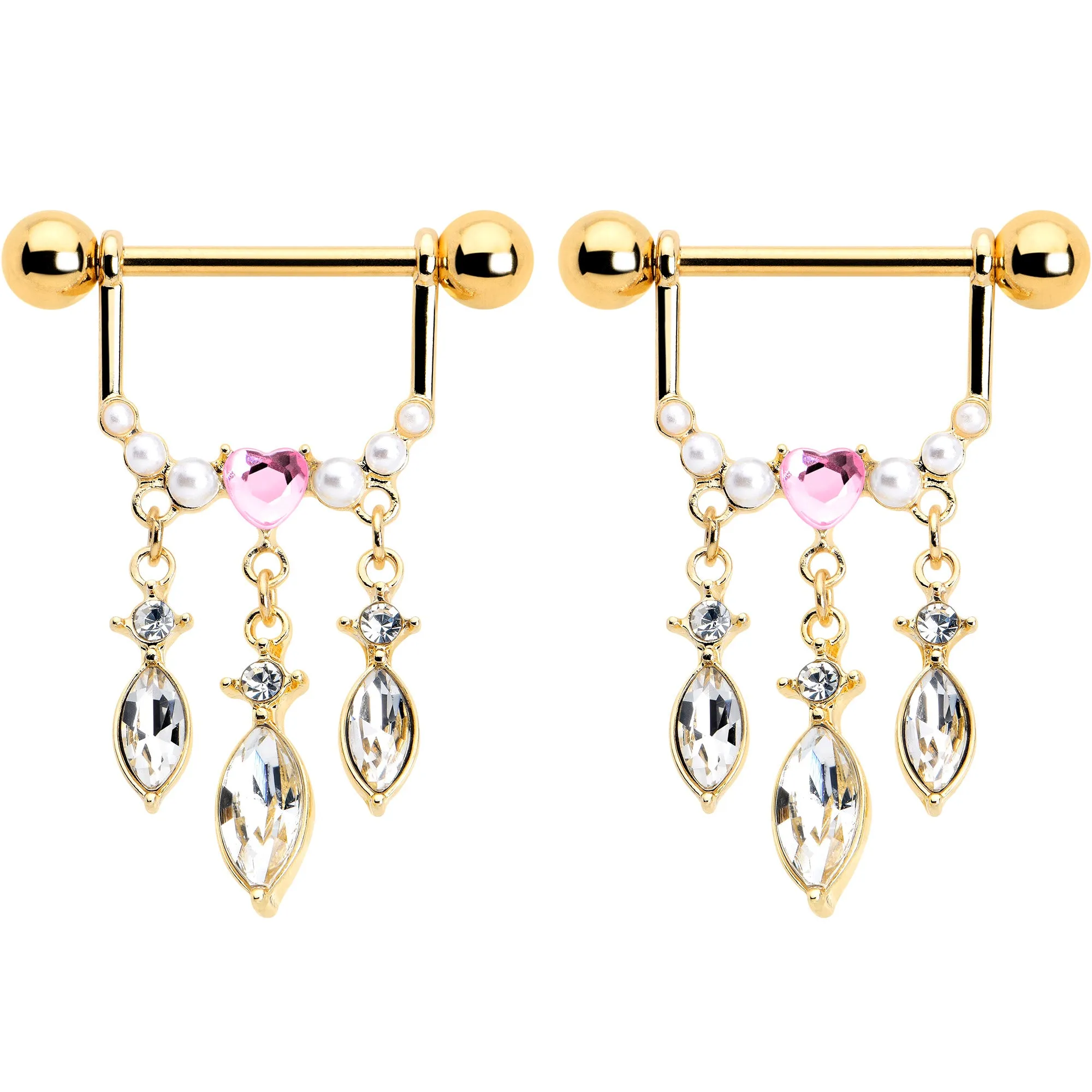 14 Gauge 9/16 Pink Gem Gold Tone Heart Triple Dangle Nipple Ring Set