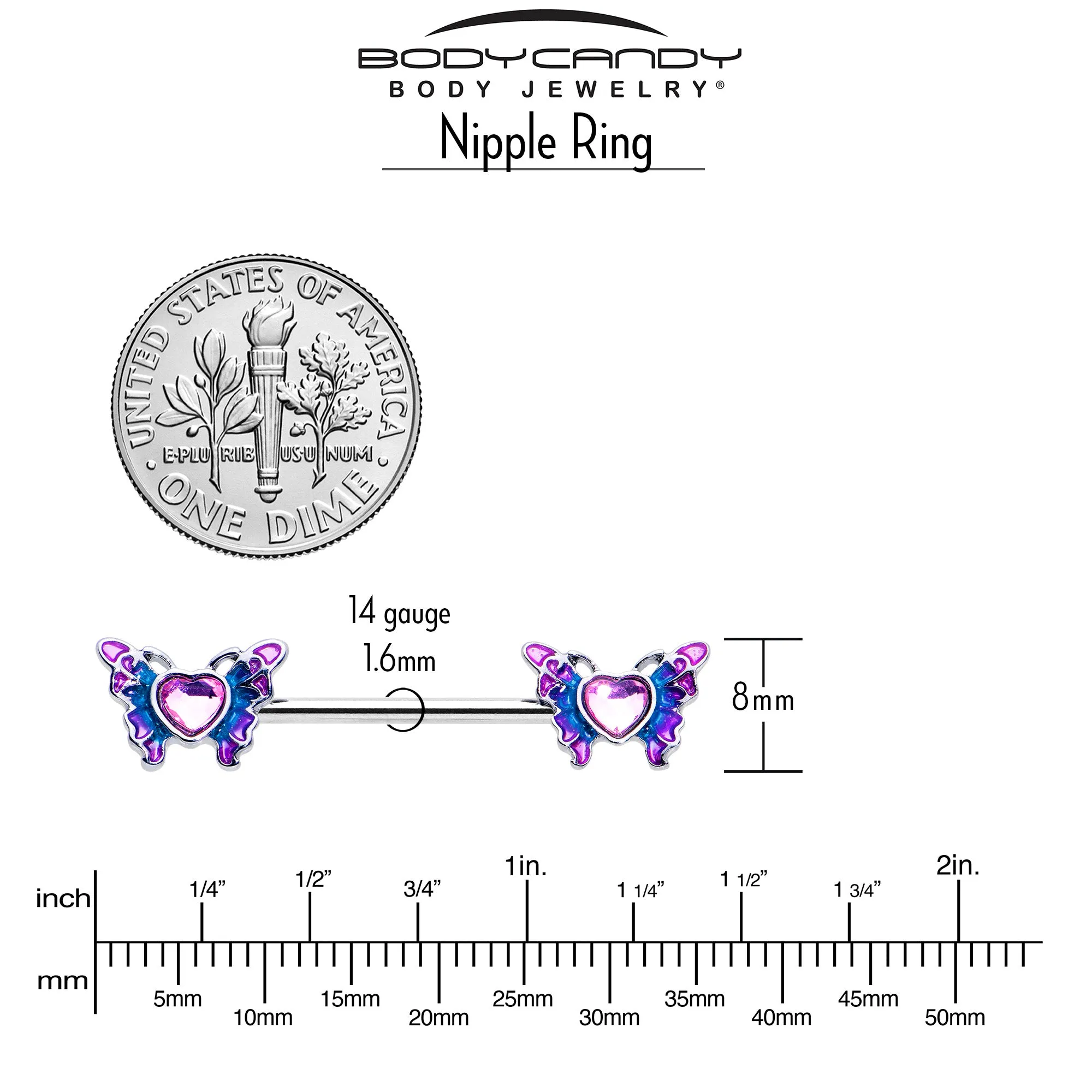 14 Gauge 9/16 Pink Gem Heart Butterfly Purple Barbell Nipple Ring Set