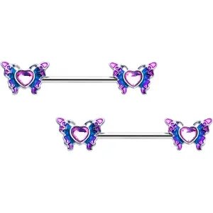 14 Gauge 9/16 Pink Gem Heart Butterfly Purple Barbell Nipple Ring Set