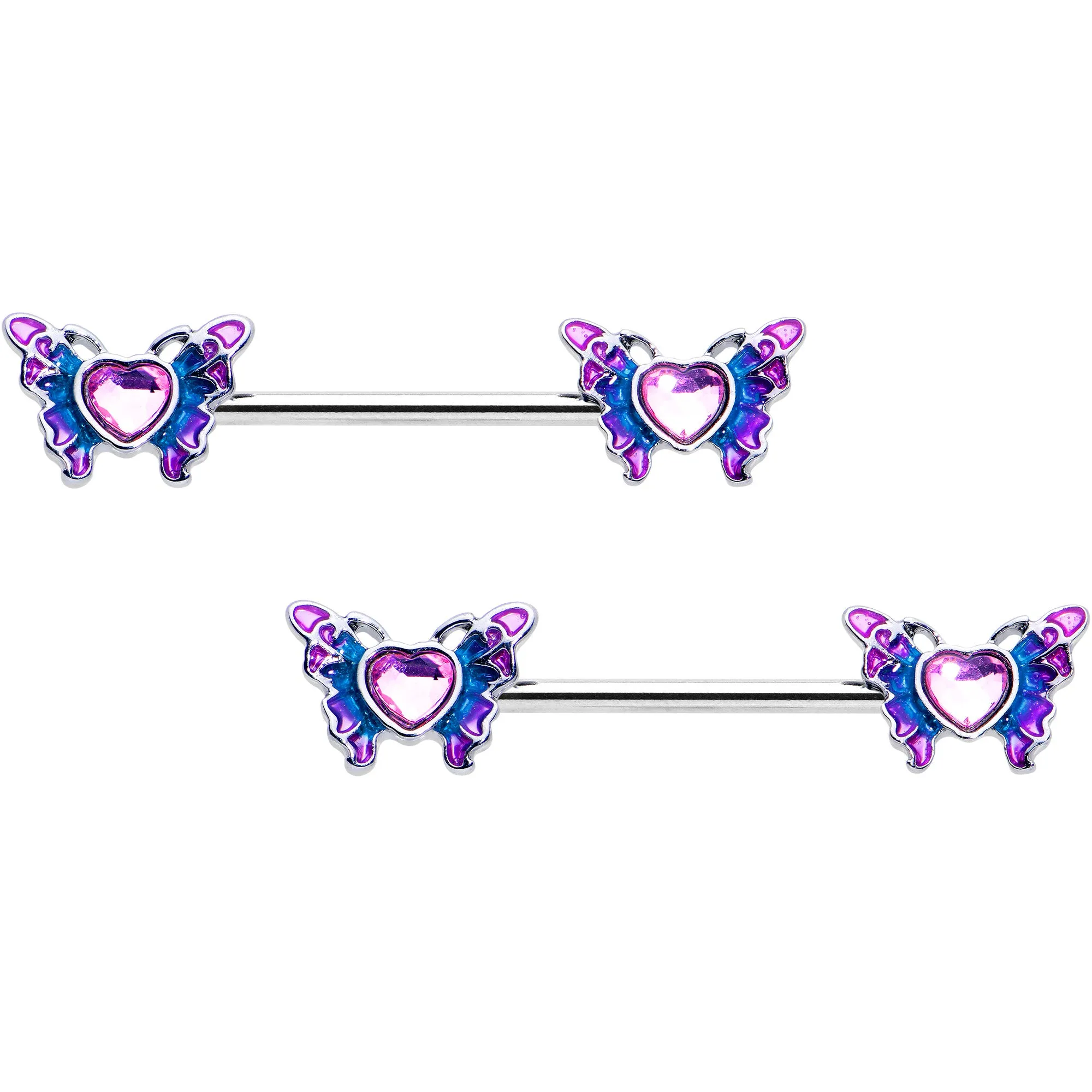 14 Gauge 9/16 Pink Gem Heart Butterfly Purple Barbell Nipple Ring Set