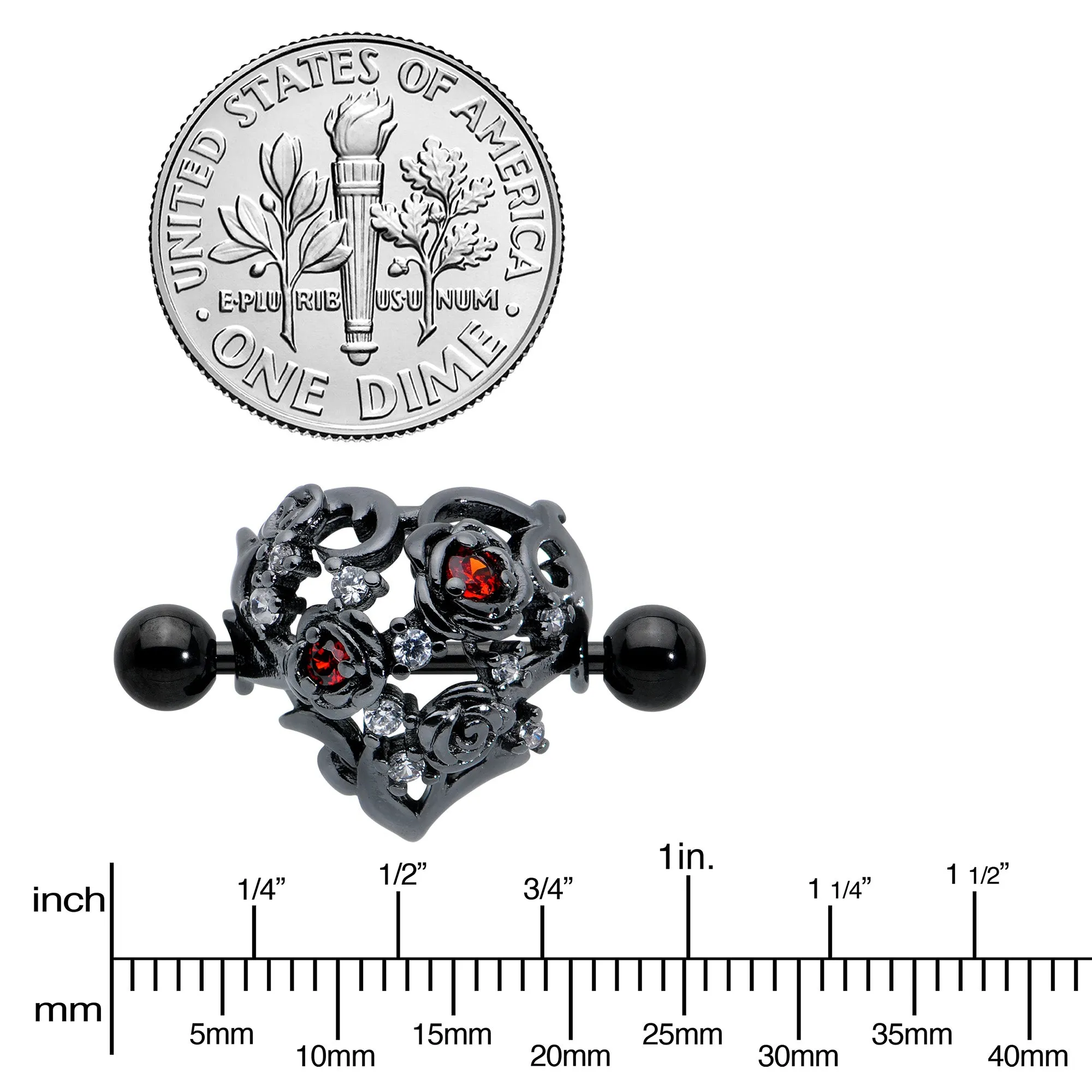 14 Gauge 9/16 Red Clear CZ Gem Black Floral Heart Nipple Shield Set