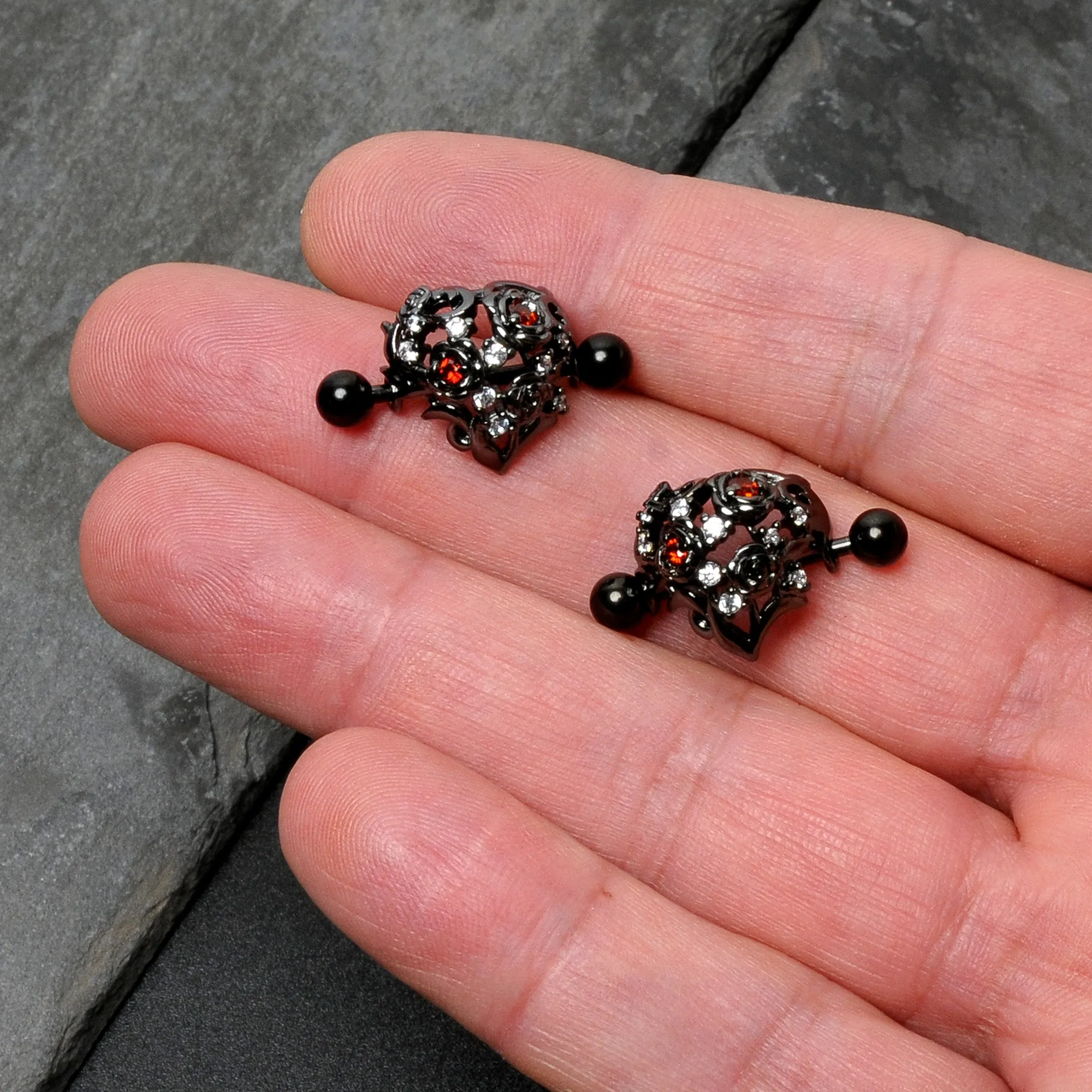 14 Gauge 9/16 Red Clear CZ Gem Black Floral Heart Nipple Shield Set