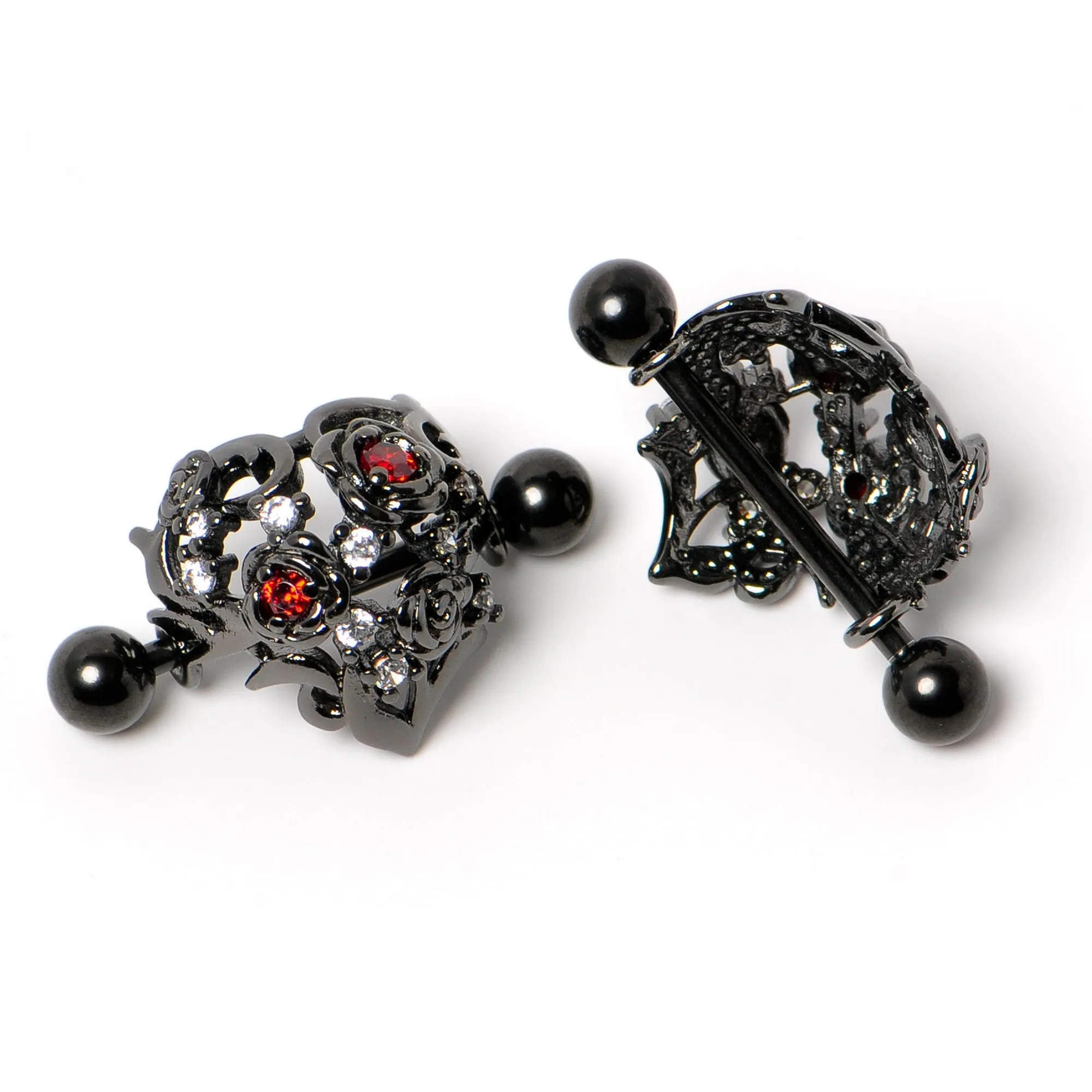 14 Gauge 9/16 Red Clear CZ Gem Black Floral Heart Nipple Shield Set