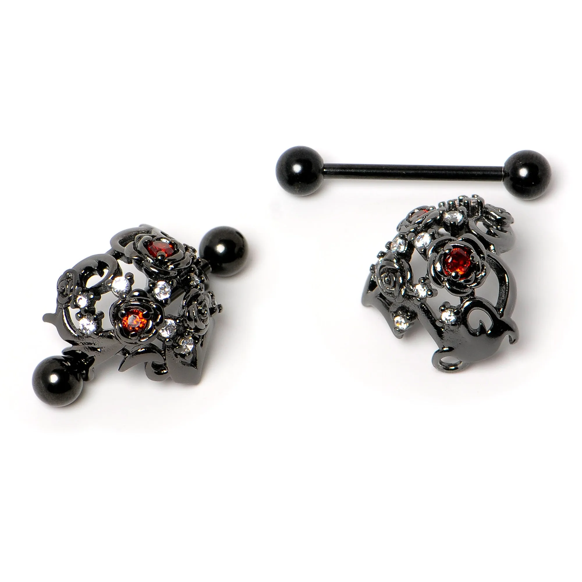14 Gauge 9/16 Red Clear CZ Gem Black Floral Heart Nipple Shield Set