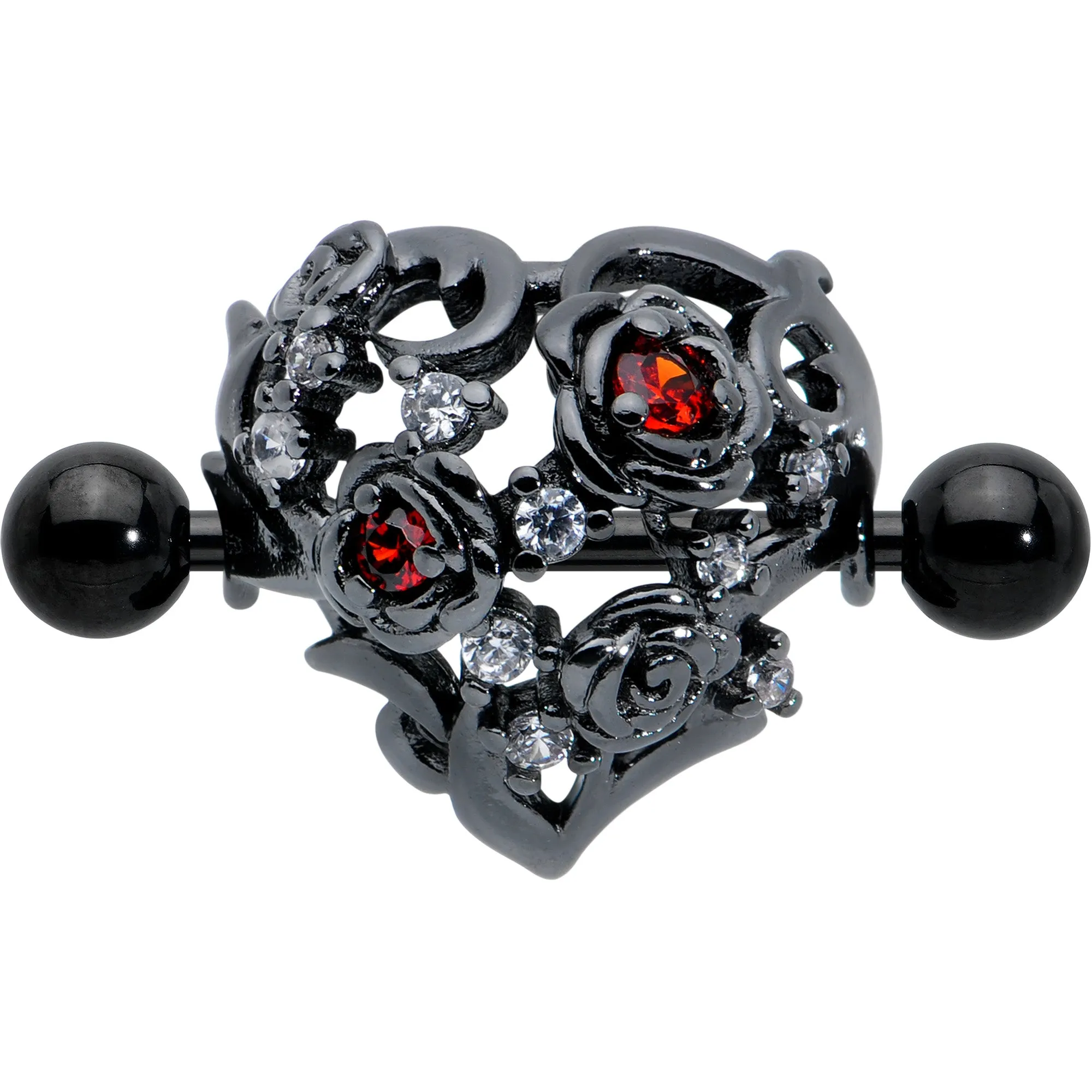 14 Gauge 9/16 Red Clear CZ Gem Black Floral Heart Nipple Shield Set