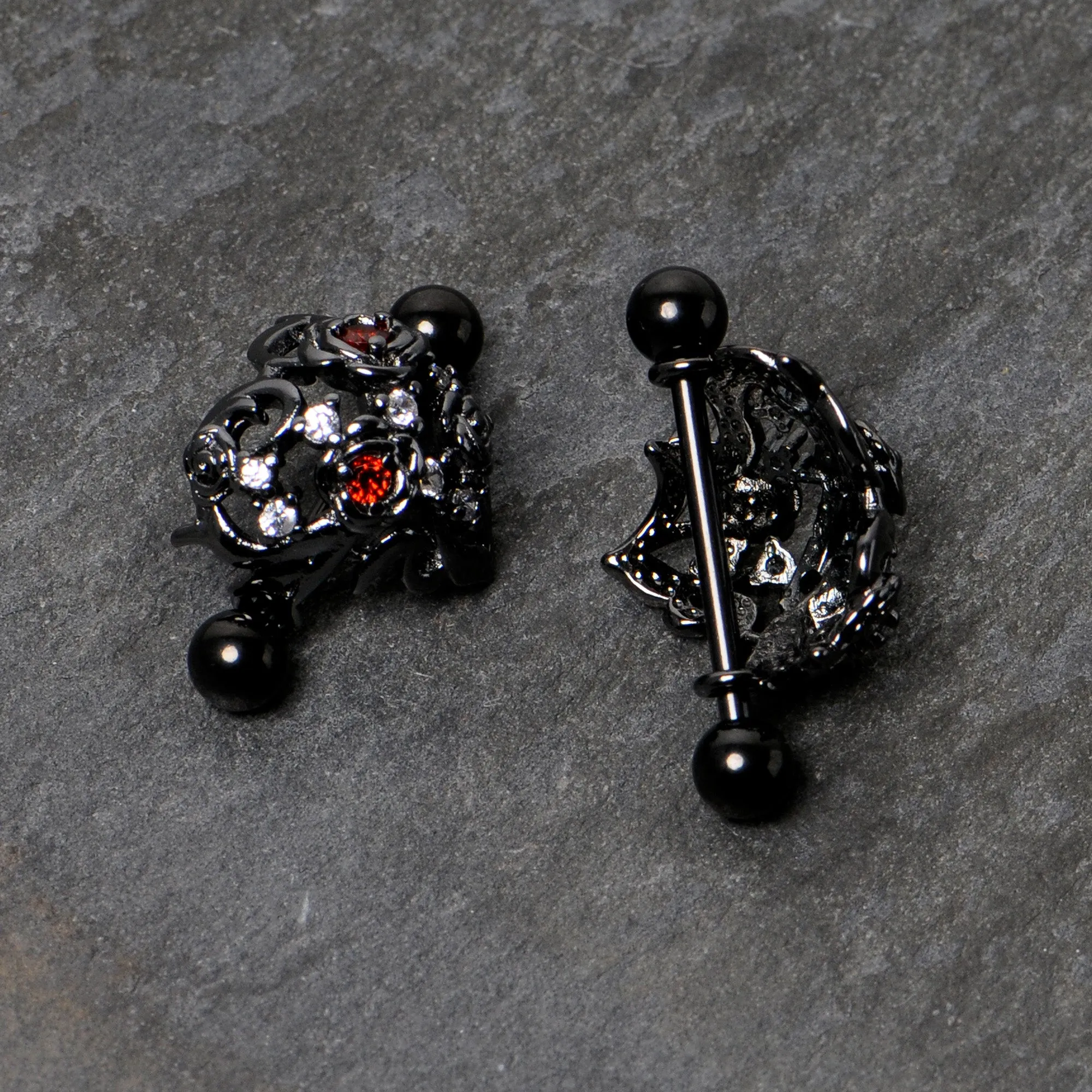 14 Gauge 9/16 Red Clear CZ Gem Black Floral Heart Nipple Shield Set