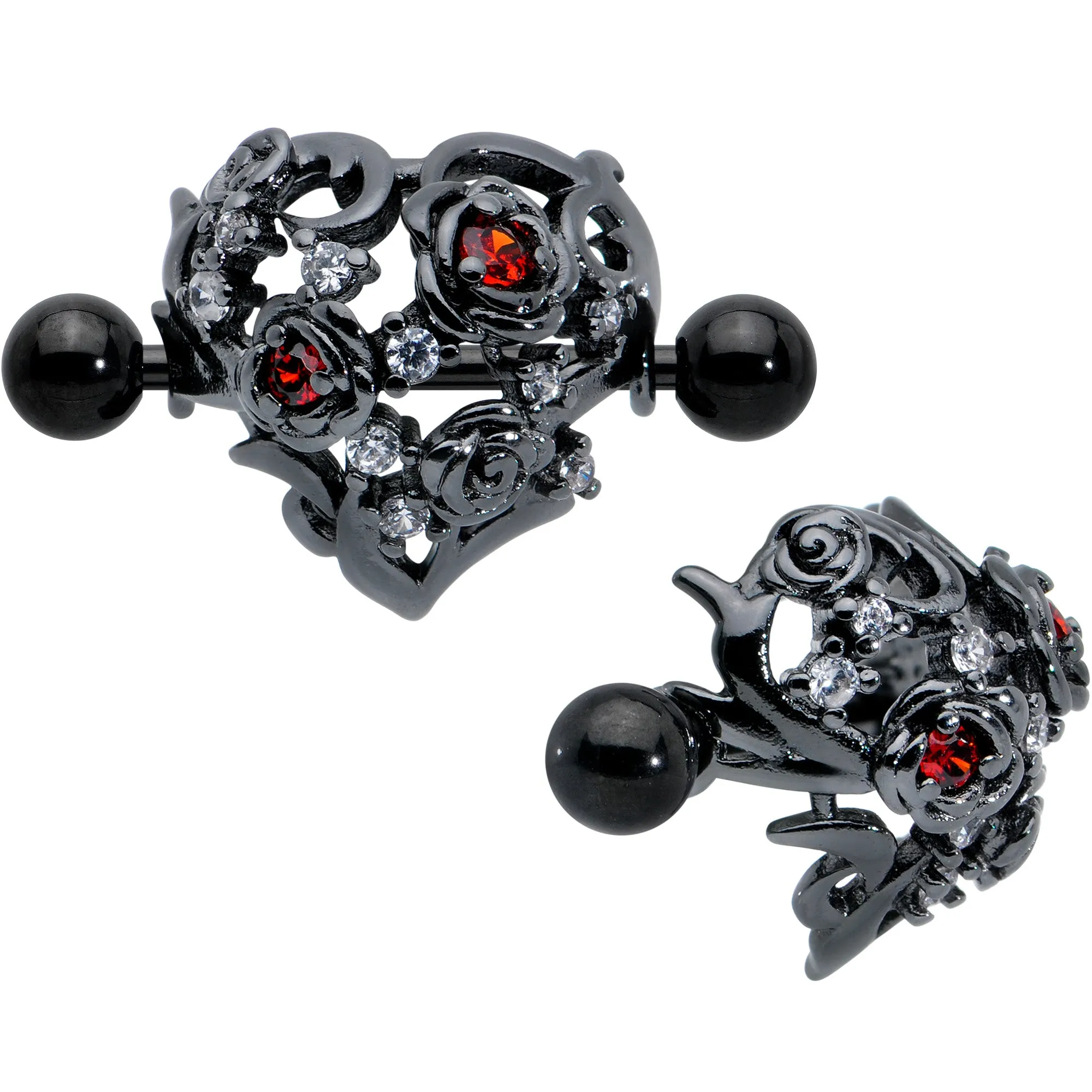 14 Gauge 9/16 Red Clear CZ Gem Black Floral Heart Nipple Shield Set