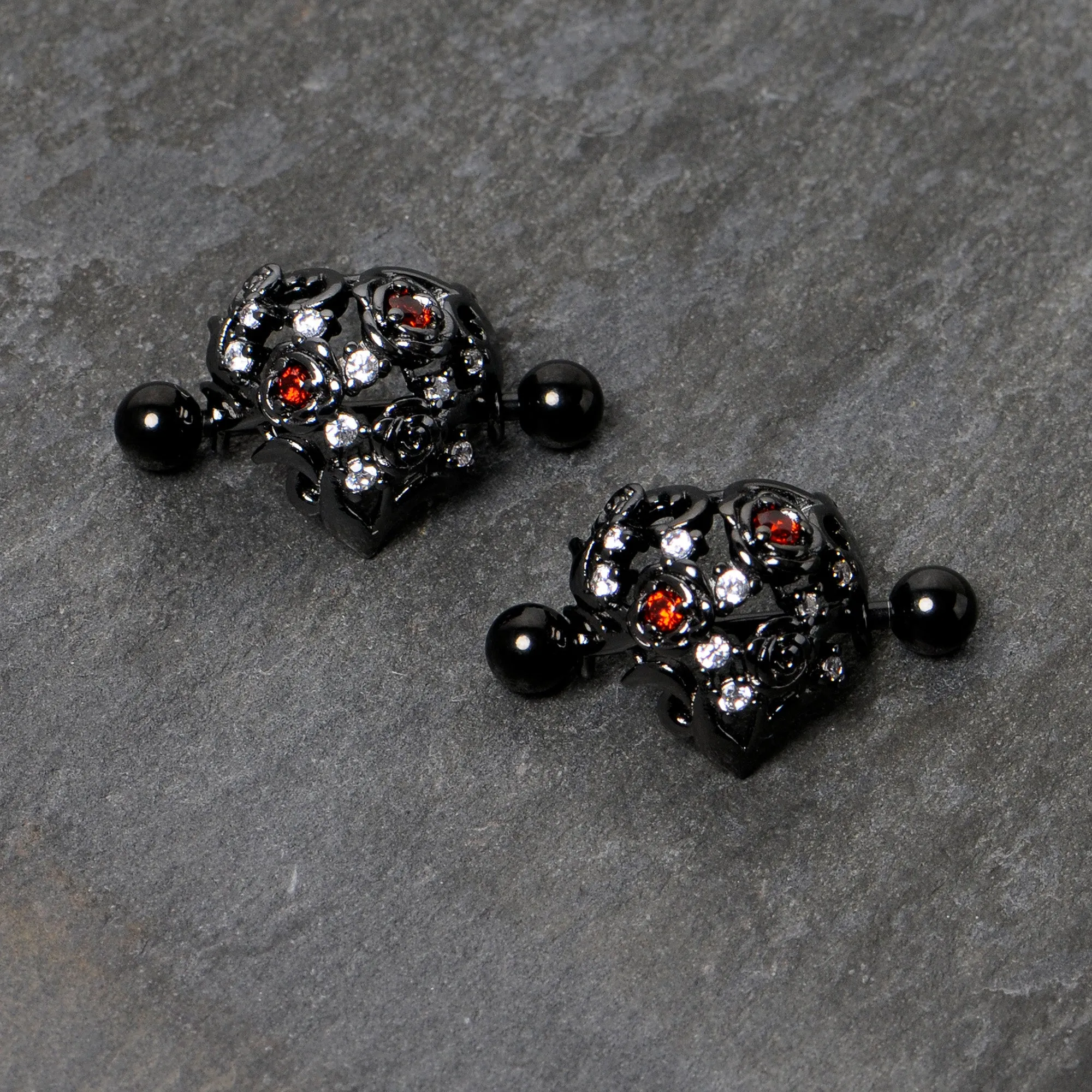 14 Gauge 9/16 Red Clear CZ Gem Black Floral Heart Nipple Shield Set