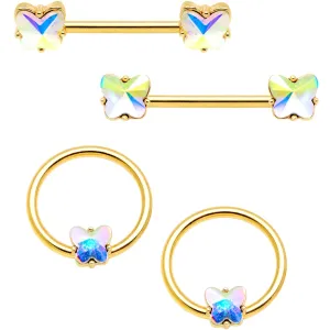 14 Gauge Aurora Gem Butterfly Gold Tone BCR Nipple Ring Set