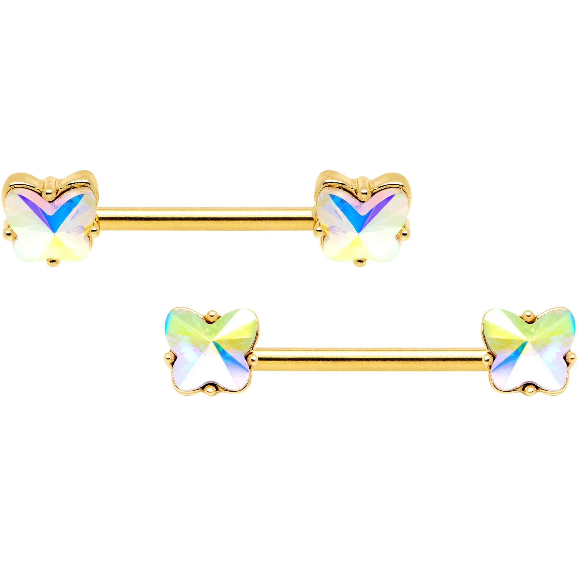 14 Gauge Aurora Gem Butterfly Gold Tone BCR Nipple Ring Set