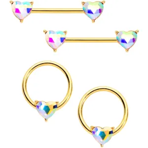 14 Gauge Aurora Heart Gem Gold Tone BCR Barbell Nipple Ring Set