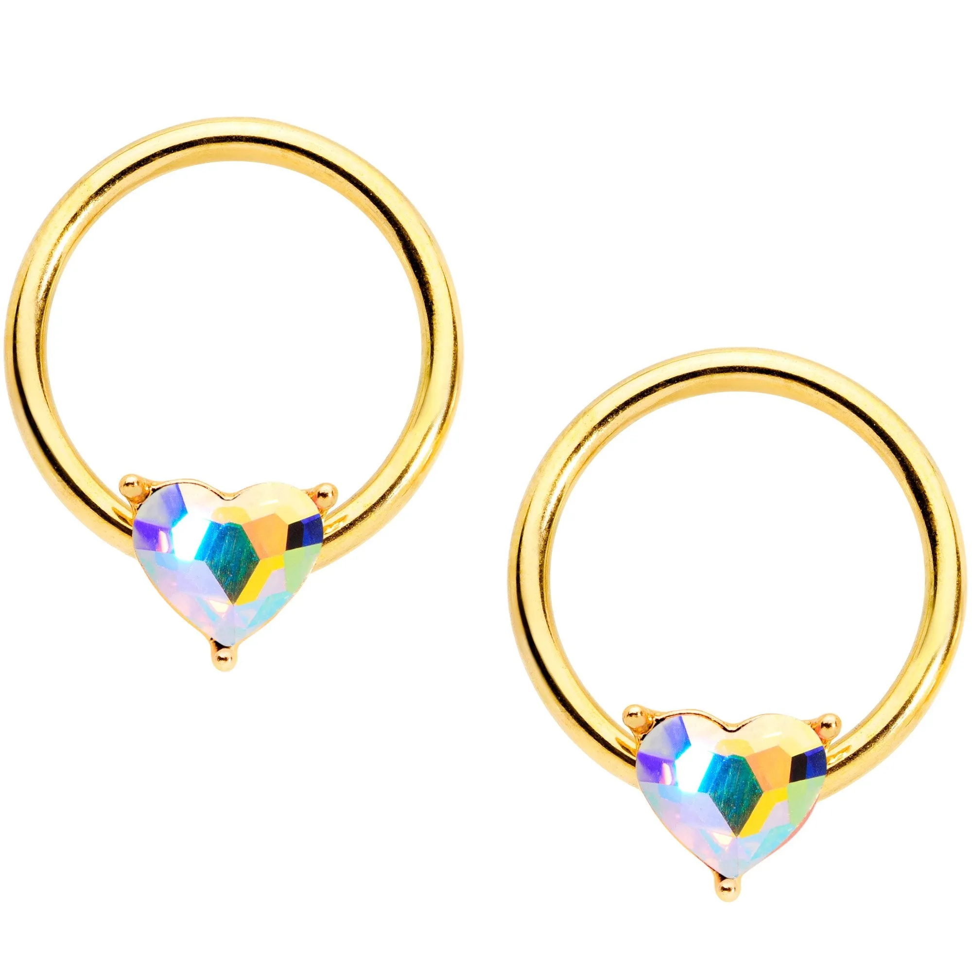 14 Gauge Aurora Heart Gem Gold Tone BCR Barbell Nipple Ring Set