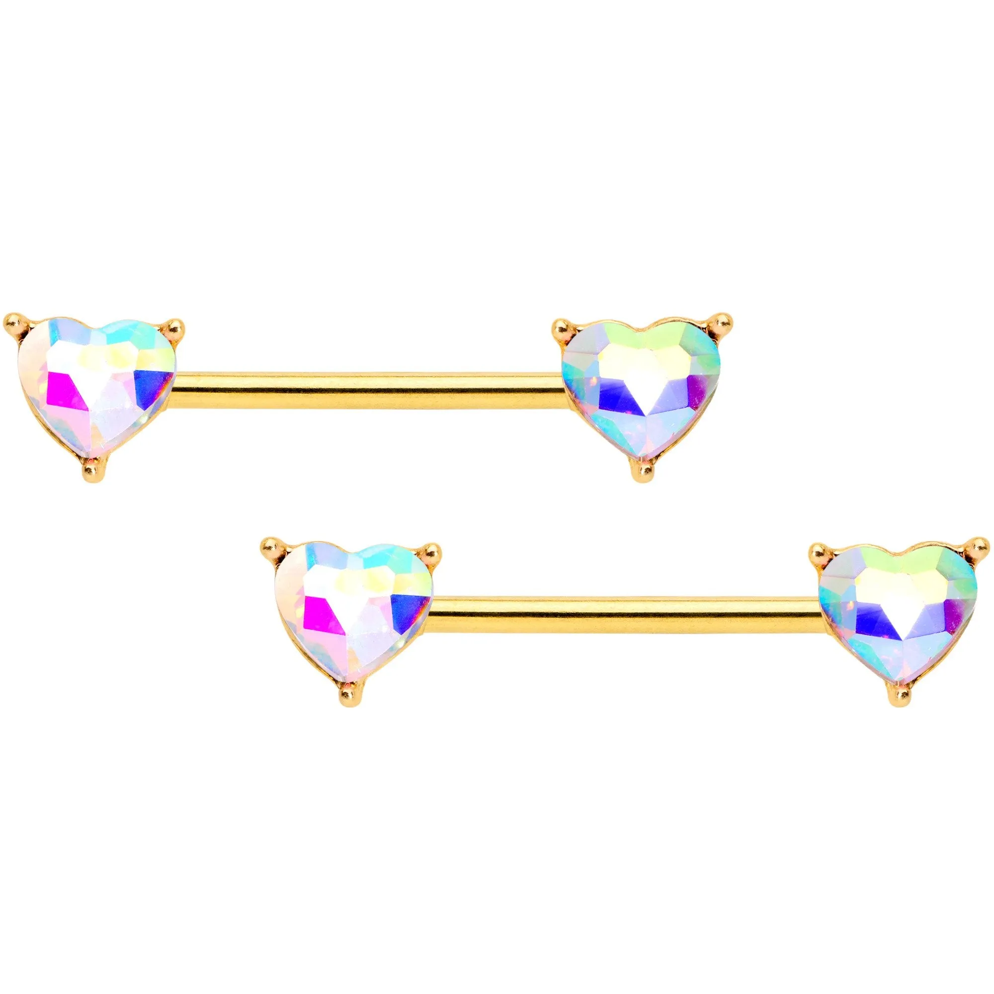14 Gauge Aurora Heart Gem Gold Tone BCR Barbell Nipple Ring Set