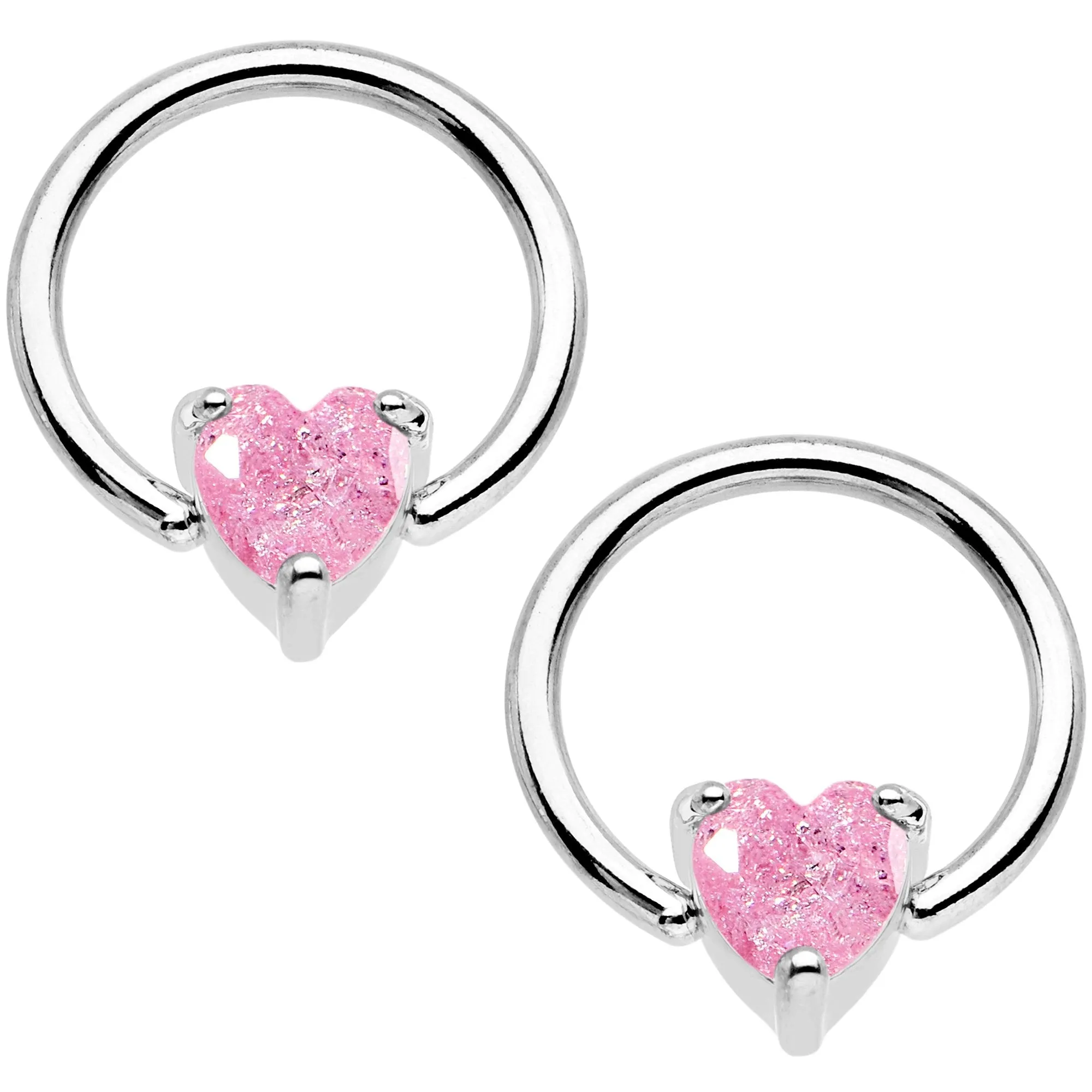 14 Gauge Pink CZ Gem Heart Captive Ring Barbell Nipple Ring Set
