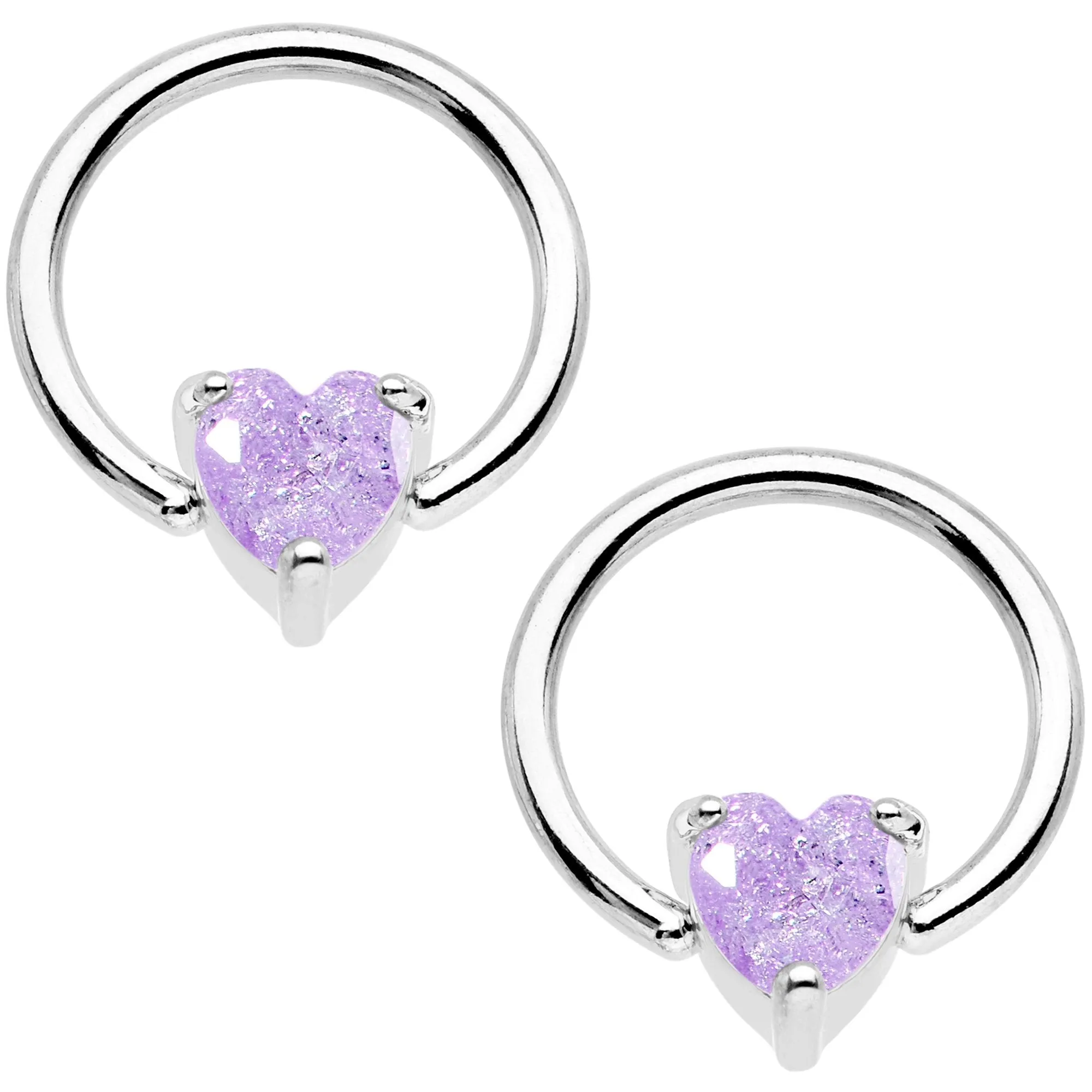 14 Gauge Purple CZ Gem Heart Captive Ring Barbell Nipple Ring Set