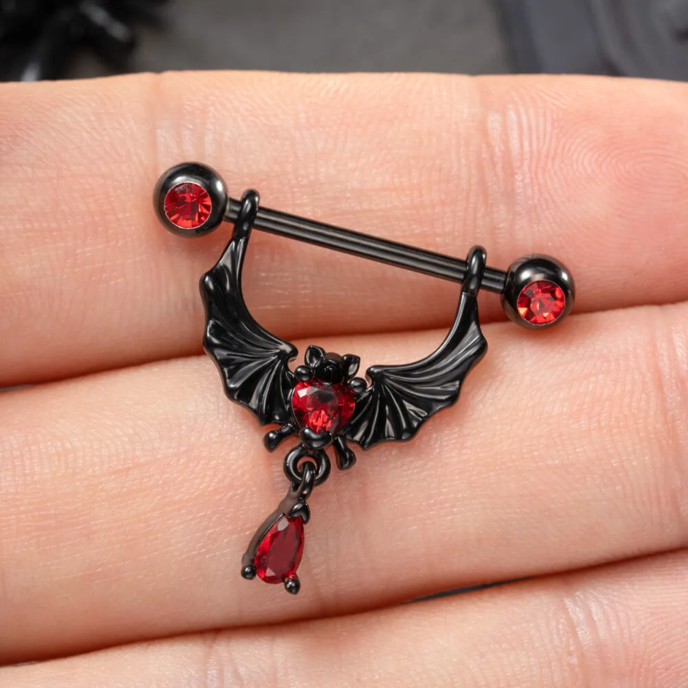 14G Bat Red Gems Dangle Nipple Barbell Rings