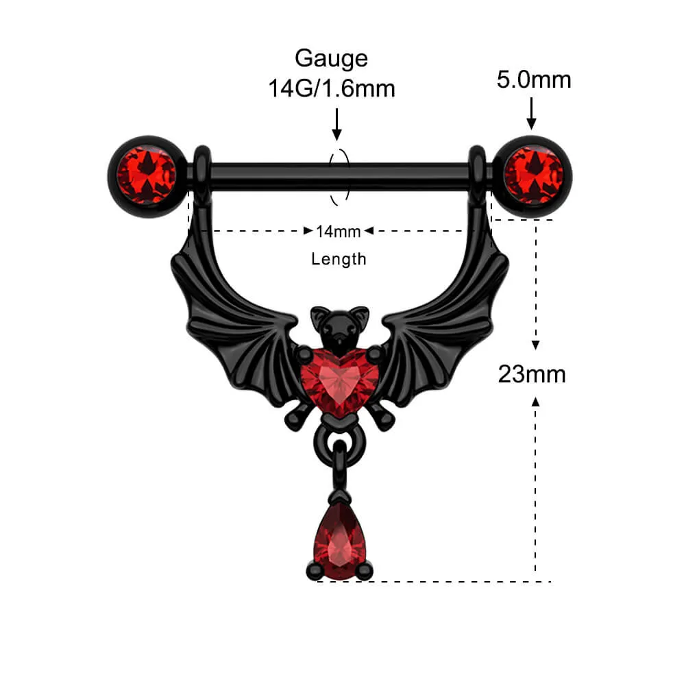 14G Bat Red Gems Dangle Nipple Barbell Rings