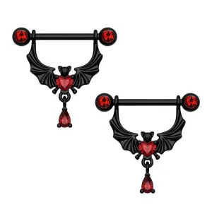 14G Bat Red Gems Dangle Nipple Barbell Rings